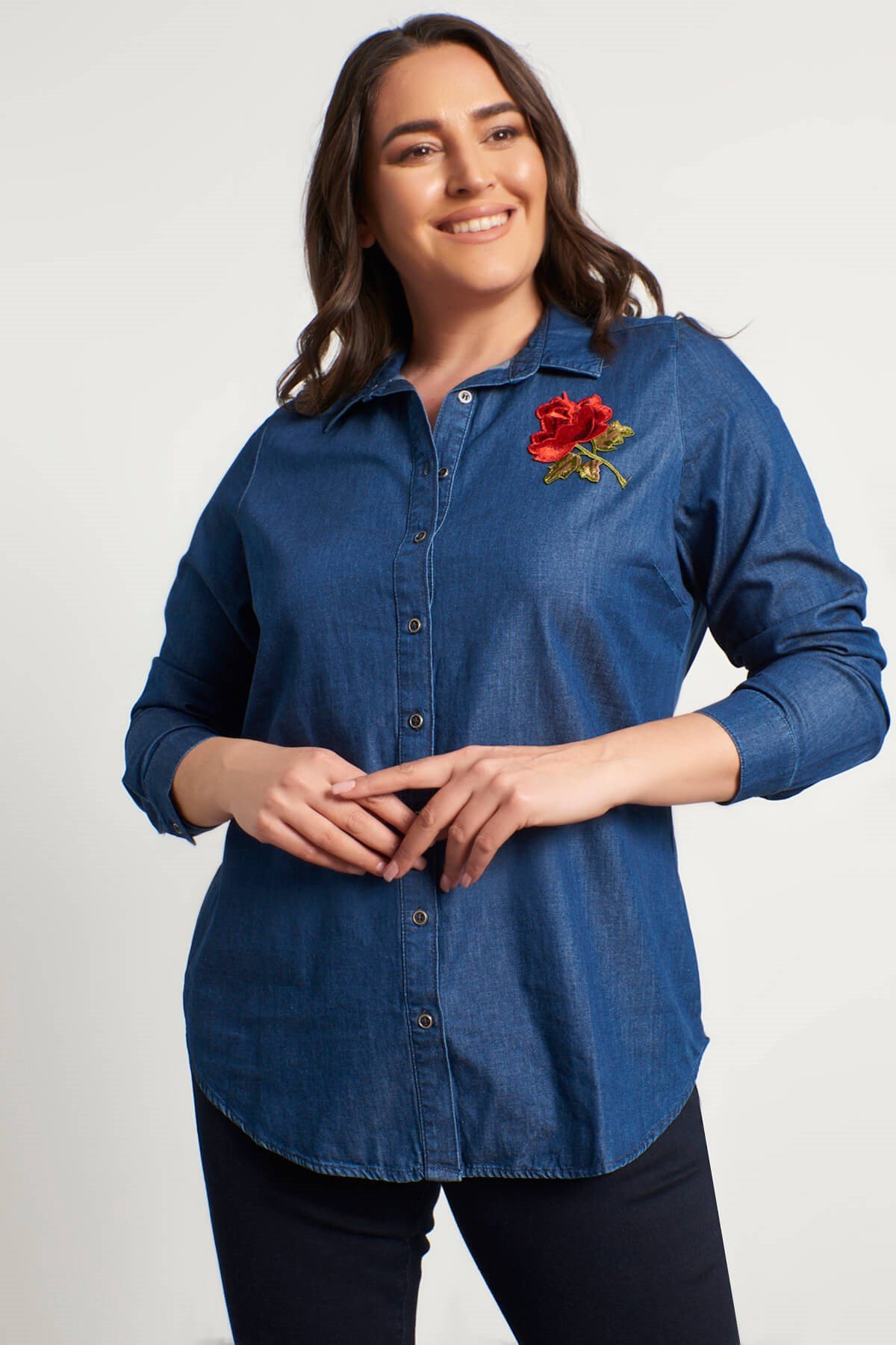 Myline-Uzun Kollu Denim Gömlek-Büyük Beden Gömlek-13375-m