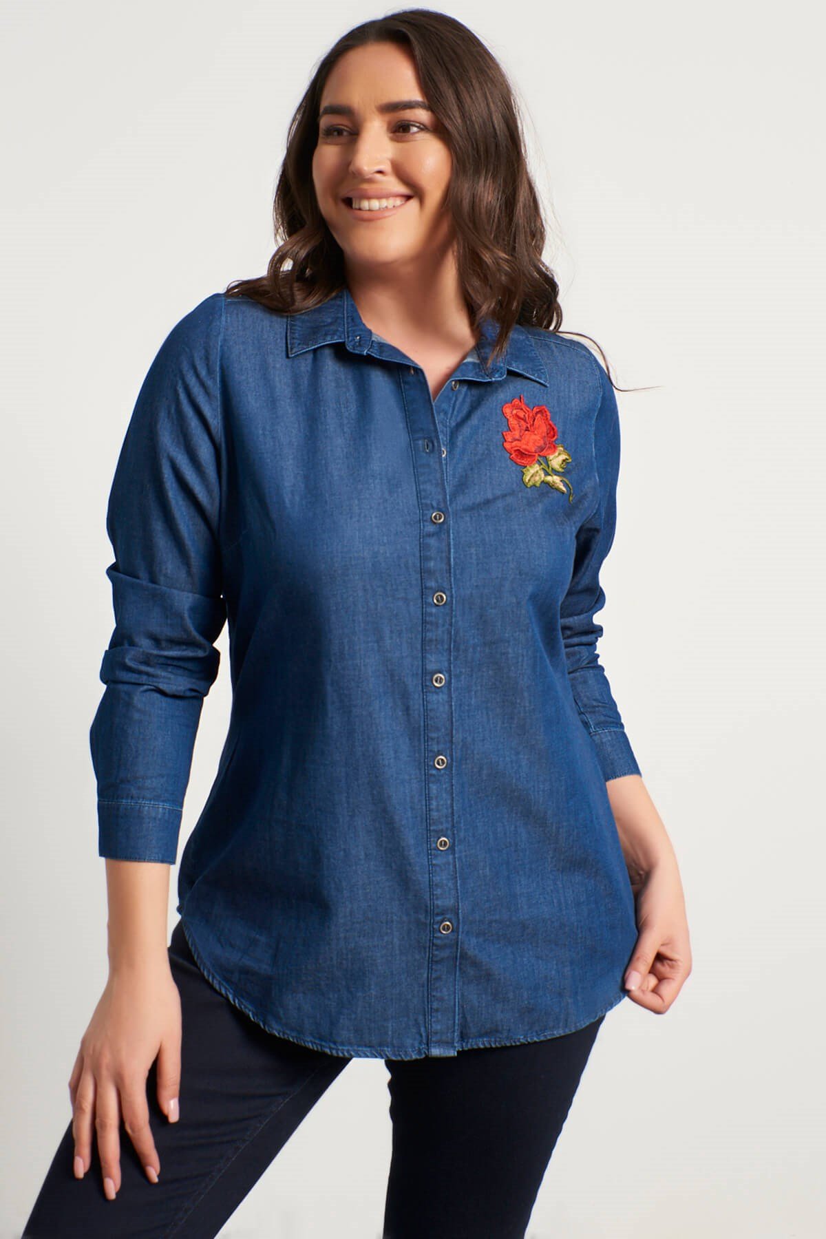 Myline-Uzun Kollu Denim Gömlek-Büyük Beden Gömlek-13375-m