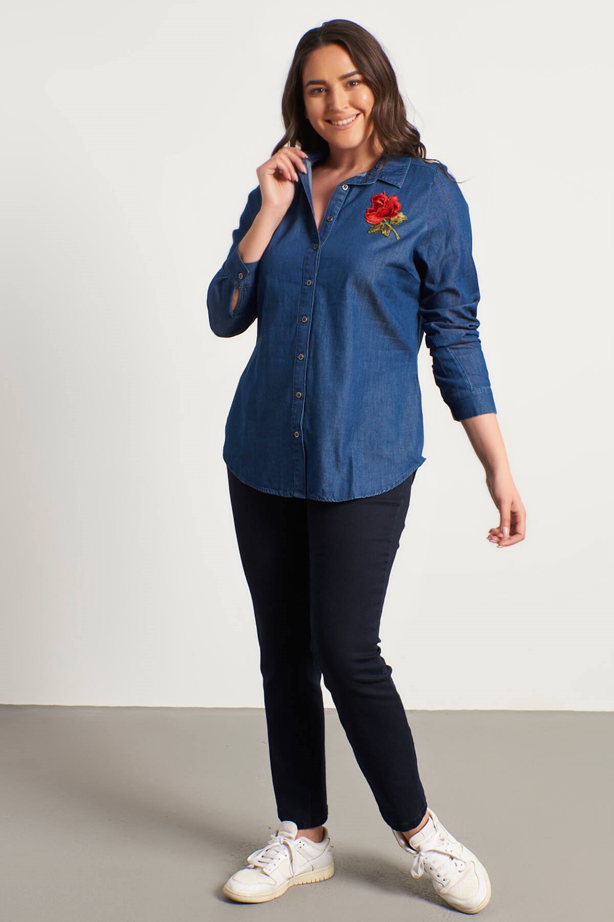 Myline-Uzun Kollu Denim Gömlek-Büyük Beden Gömlek-13375-m