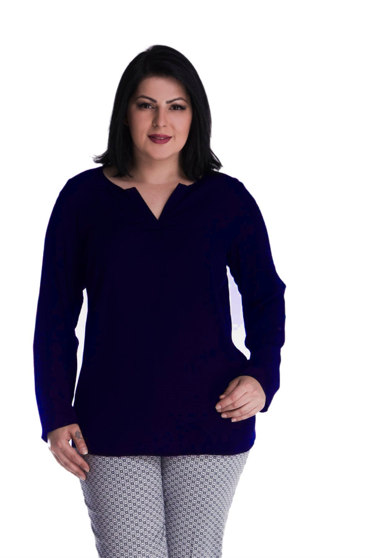 Myline-Uzun Kollu Krep Bluz-Büyük Beden Bluz-12473-m