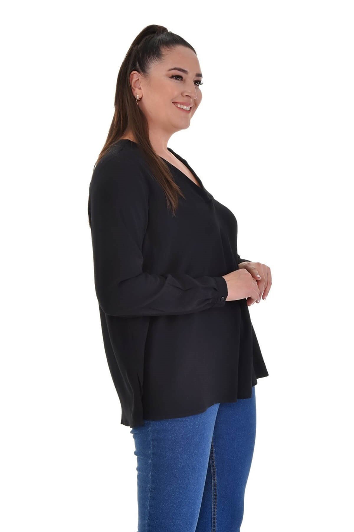 Myline-Uzun Kollu V Yaka Bluz-Büyük Beden Bluz-67020