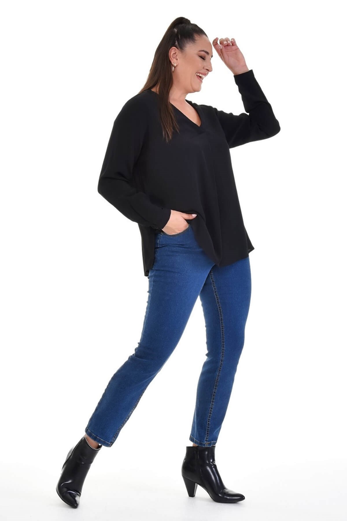 Myline-Uzun Kollu V Yaka Bluz-Büyük Beden Bluz-67020