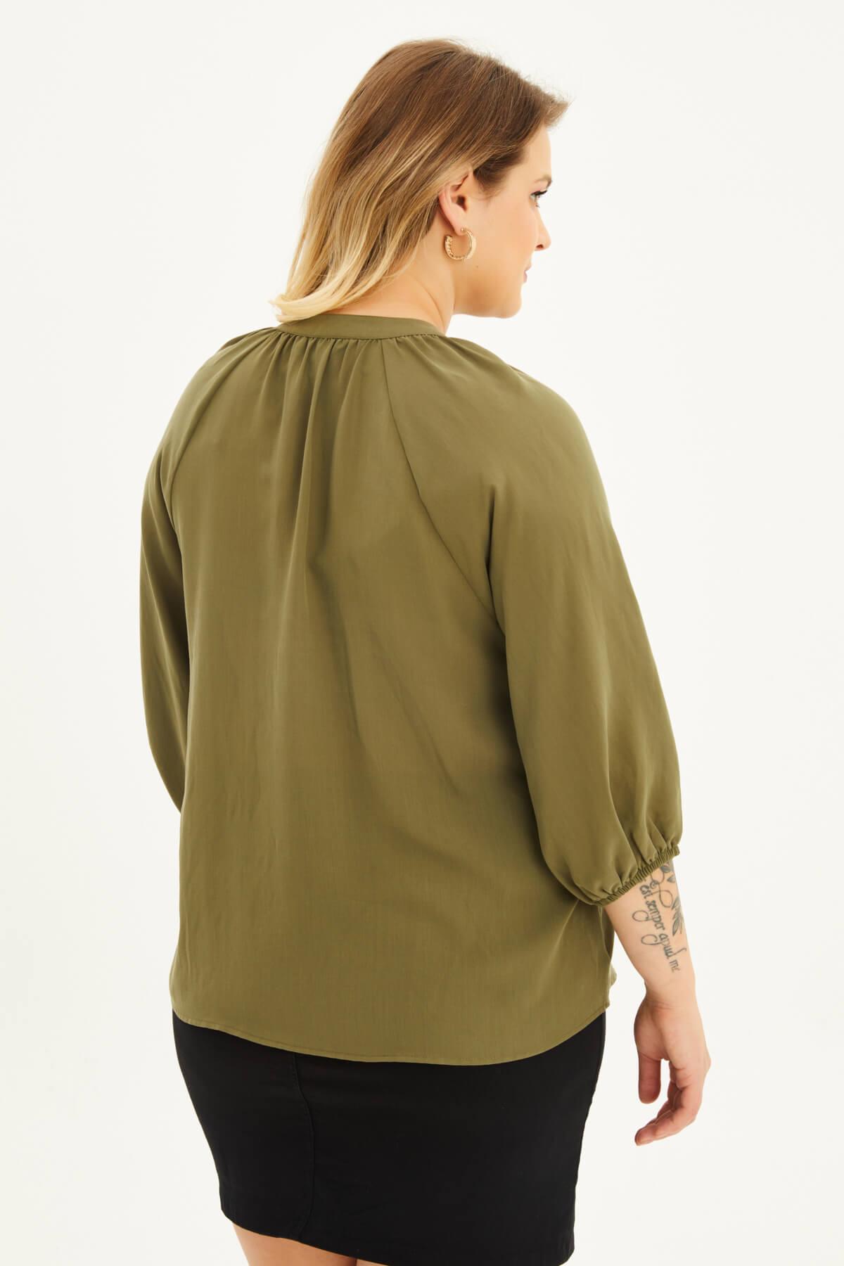 Myline-V Yaka Bağcık Detaylı Bluz-Büyük Beden Bluz-77758