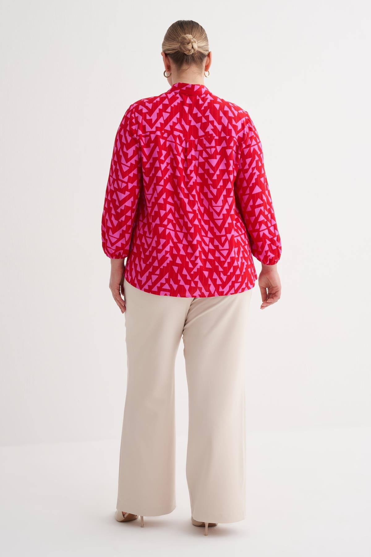 Myline-V Yaka Bağlama Detaylı Bluz-Büyük Beden Bluz-149943