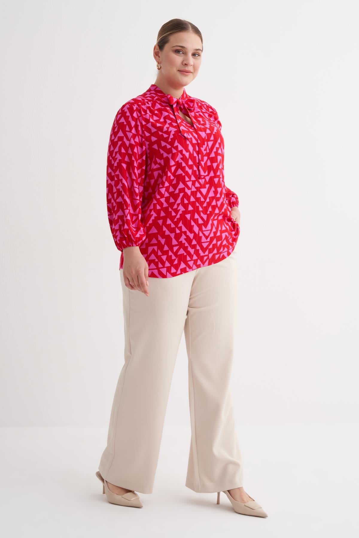 Myline-V Yaka Bağlama Detaylı Bluz-Büyük Beden Bluz-149943