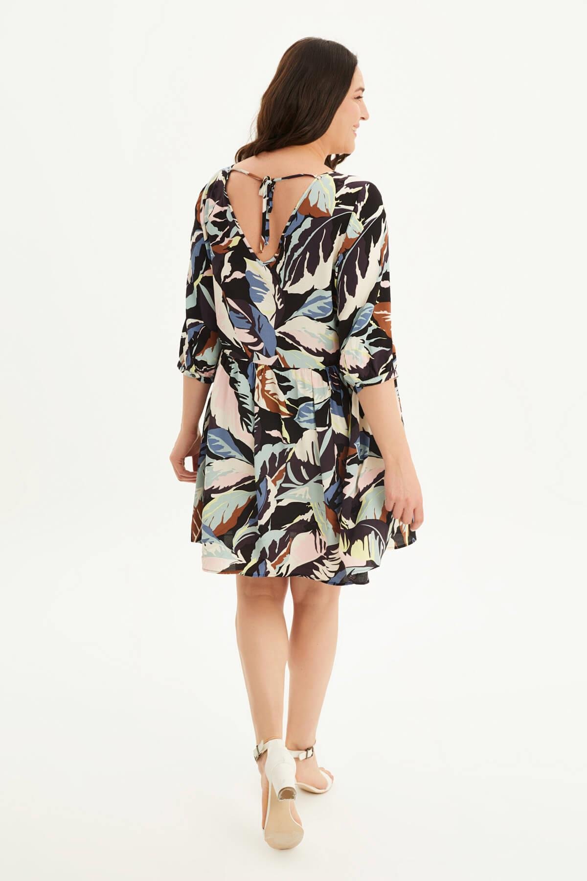 Myline-V Yaka Bağlama Detaylı Elbise-Büyük Beden Günlük Elbiseler-88012