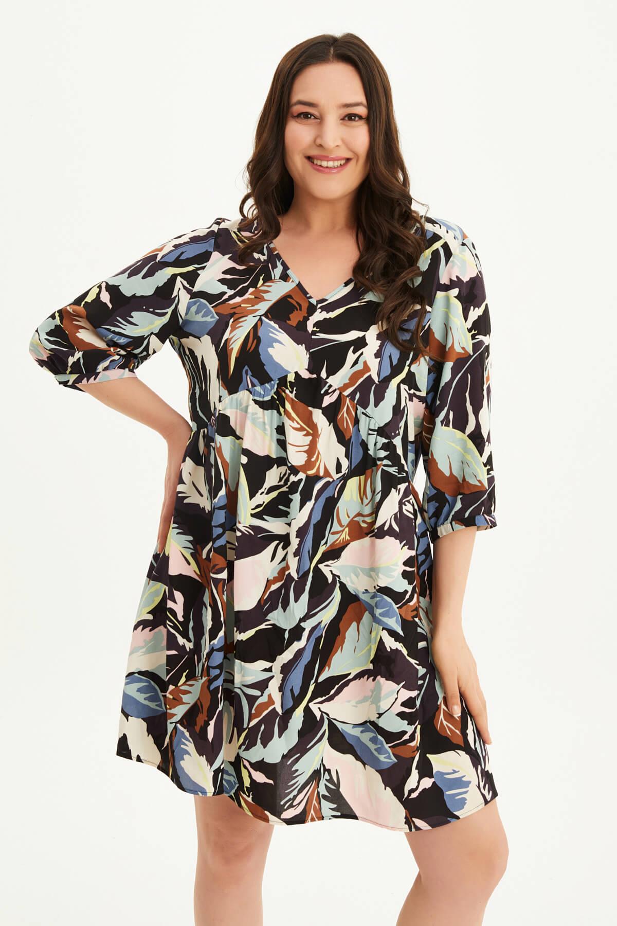 Myline-V Yaka Bağlama Detaylı Elbise-Büyük Beden Günlük Elbiseler-88012