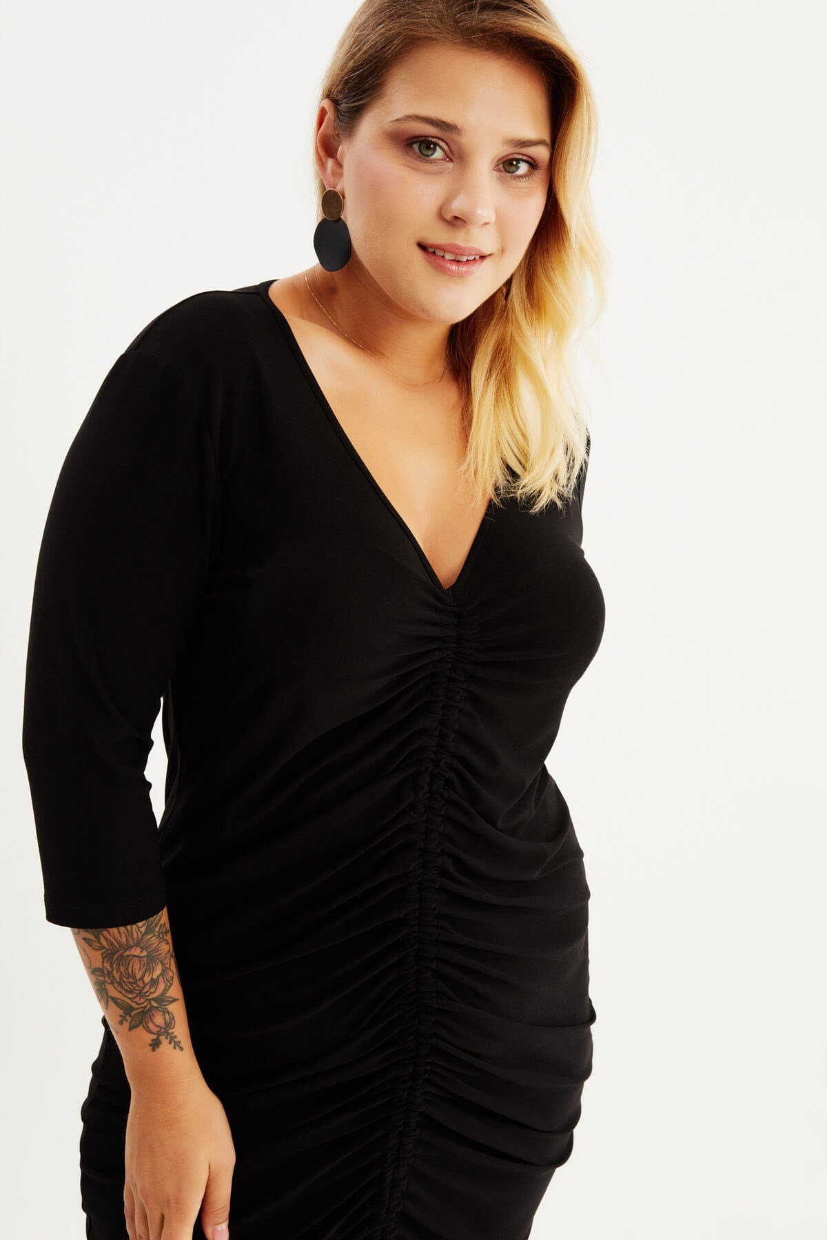 Myline-V Yaka Büzgü Detaylı Elbise-Büyük Beden Günlük Elbiseler-87902