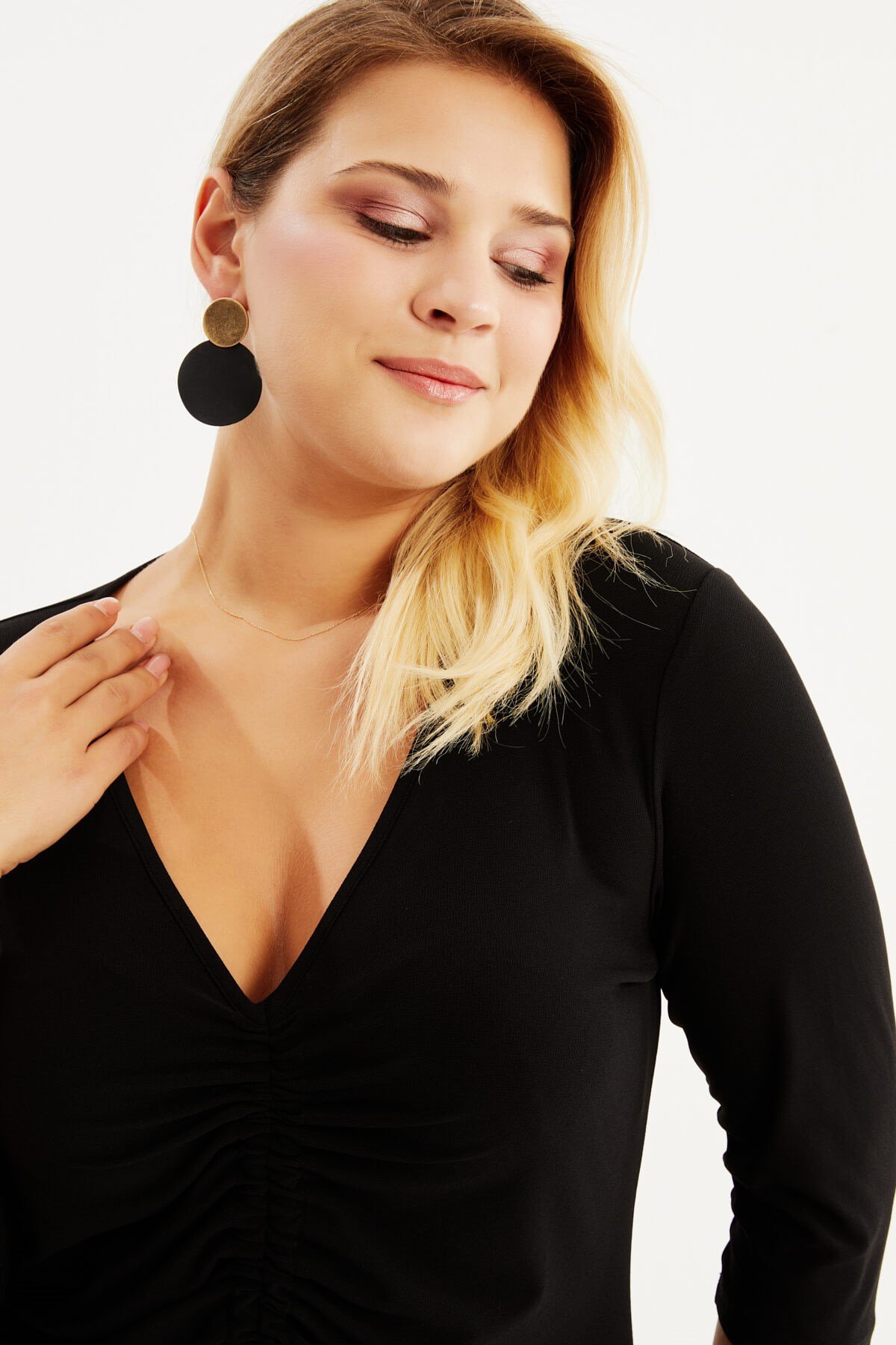 Myline-V Yaka Büzgü Detaylı Elbise-Büyük Beden Günlük Elbiseler-87902