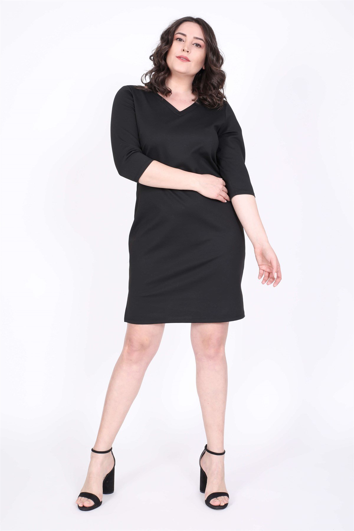 Myline-V Yaka Çerçeve Detaylı Elbise-Büyük Beden Günlük Elbiseler-35207