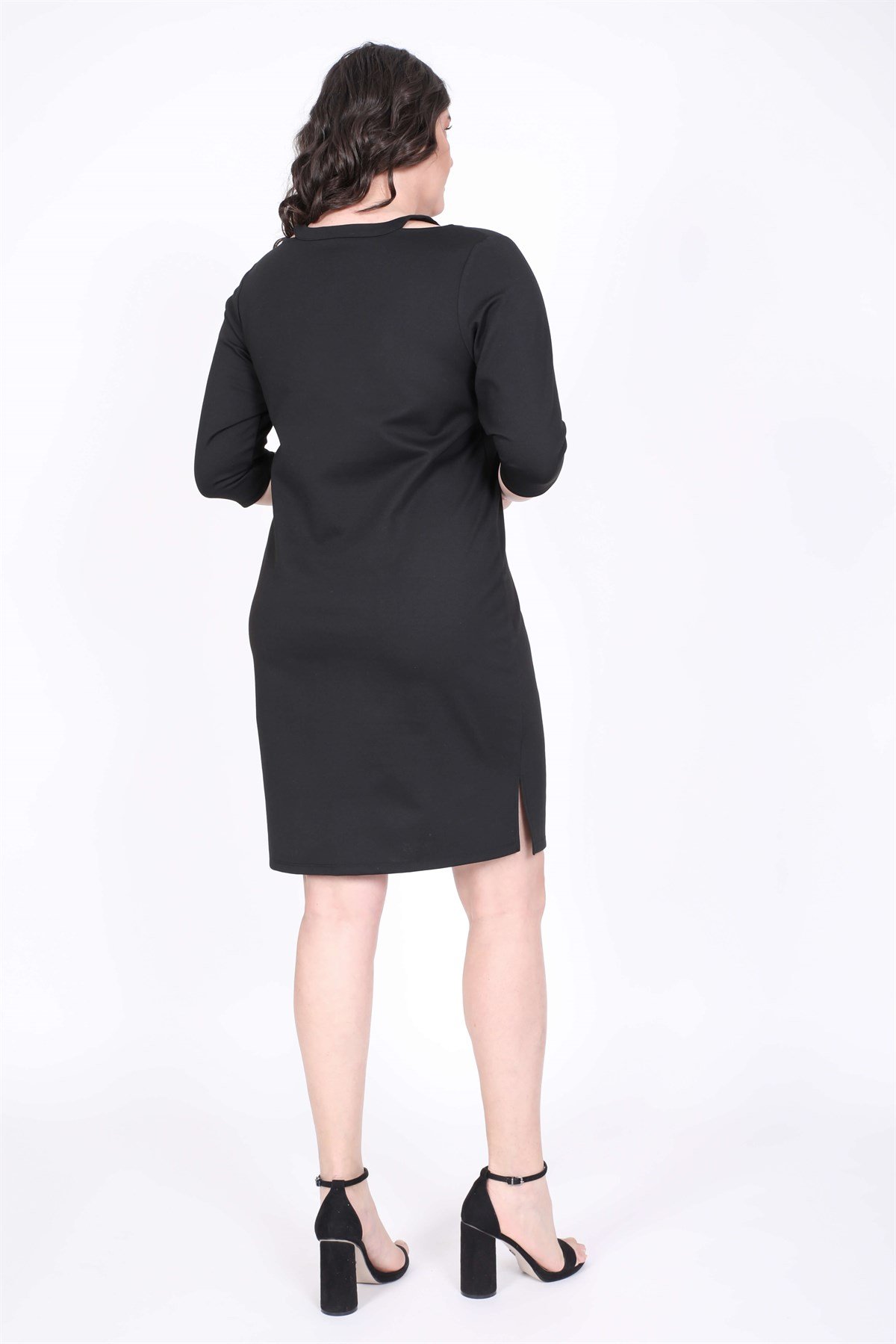 Myline-V Yaka Çerçeve Detaylı Elbise-Büyük Beden Günlük Elbiseler-35207