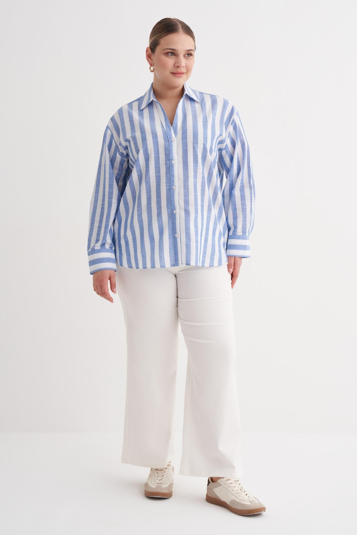 Myline-V Yaka Çizgili Gömlek-Büyük Beden Gömlek-149964