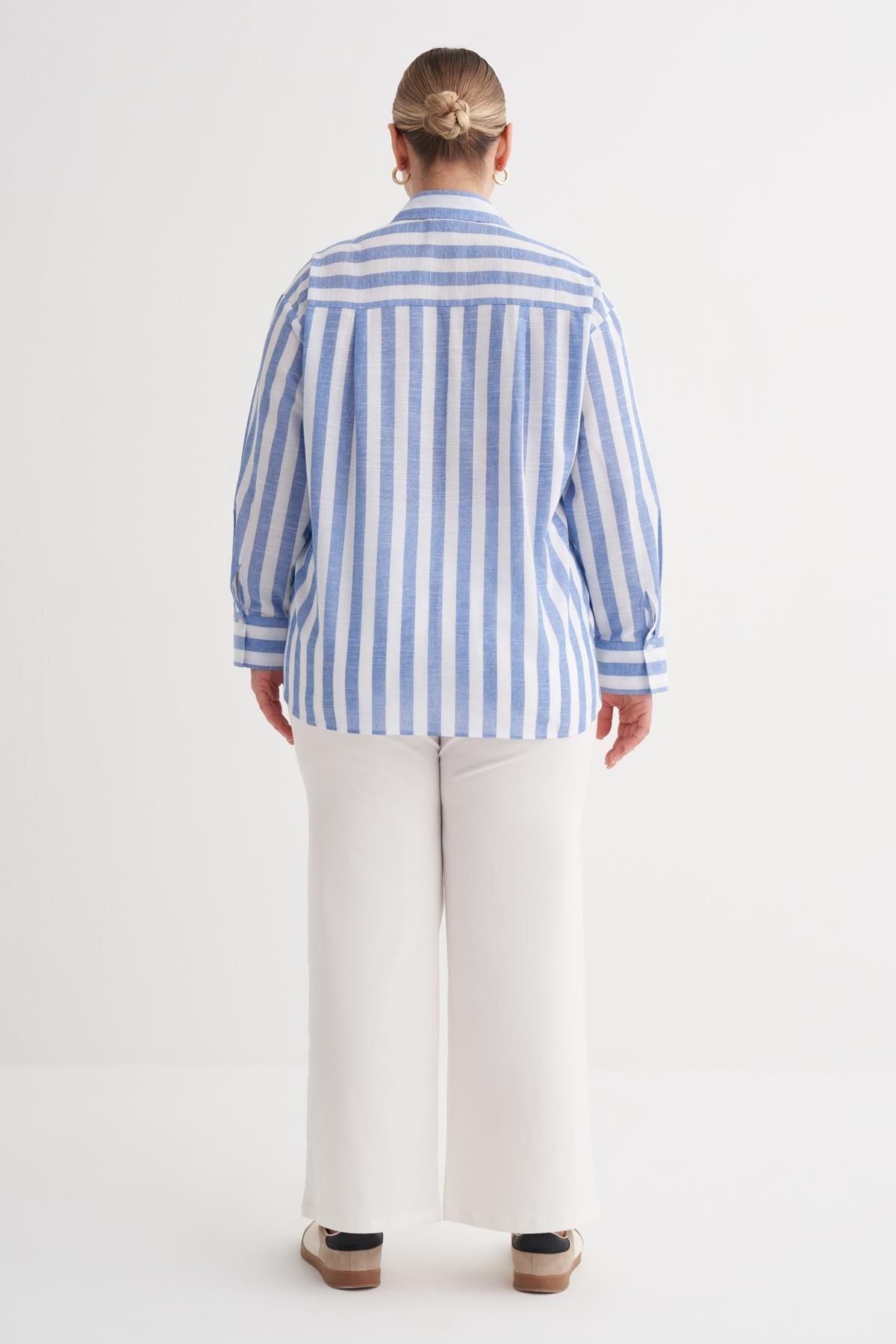 Myline-V Yaka Çizgili Gömlek-Büyük Beden Gömlek-149964