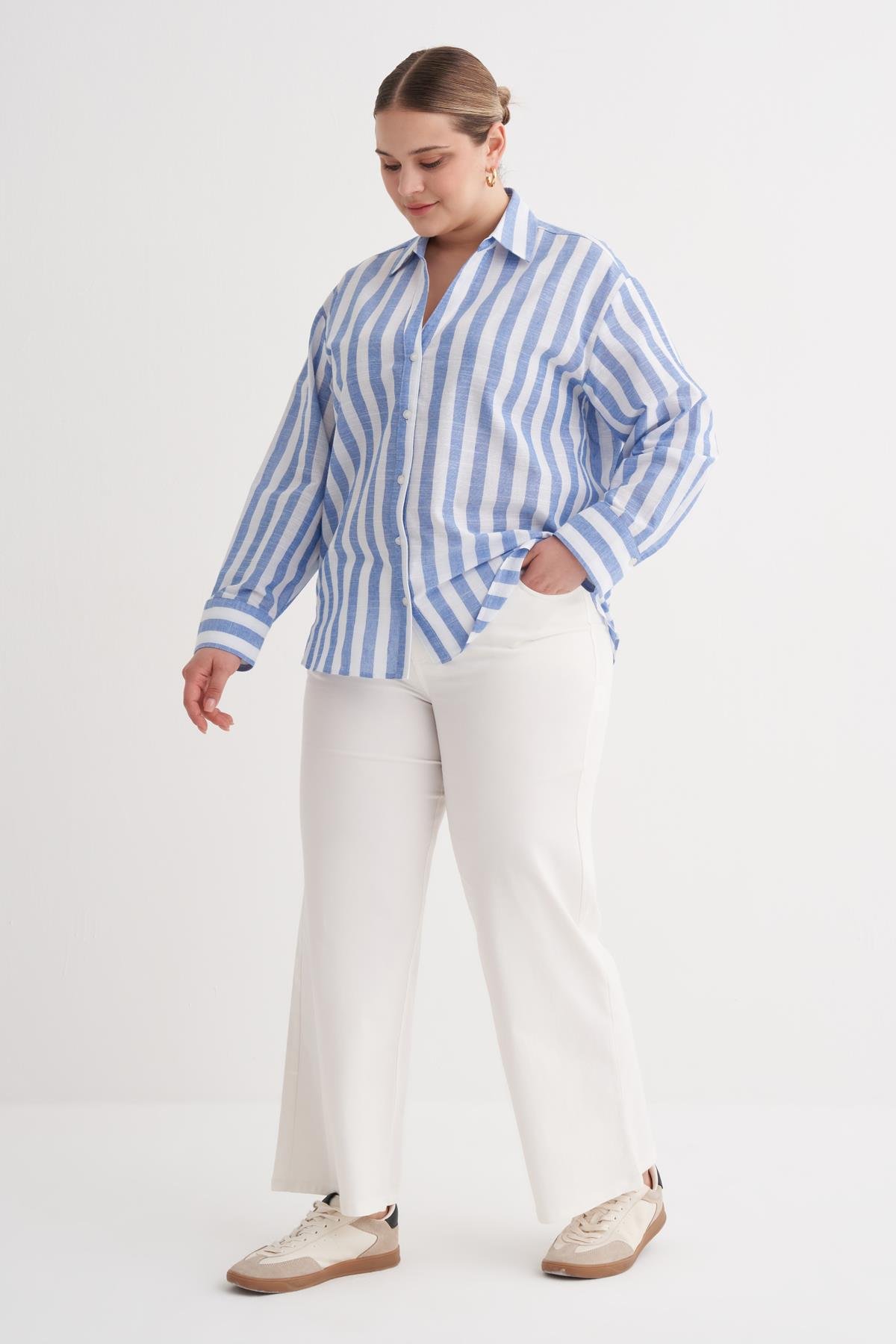 Myline-V Yaka Çizgili Gömlek-Büyük Beden Gömlek-149964