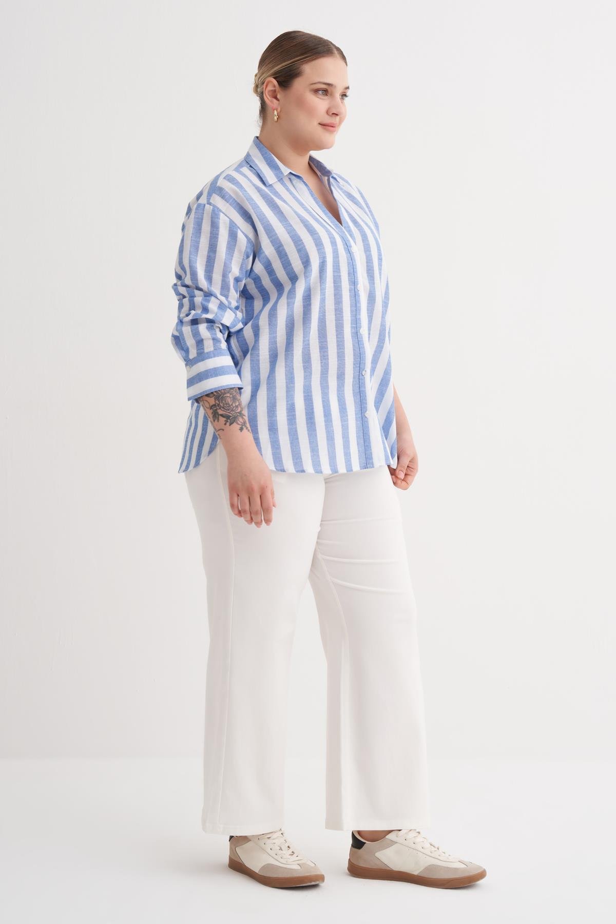 Myline-V Yaka Çizgili Gömlek-Büyük Beden Gömlek-149964