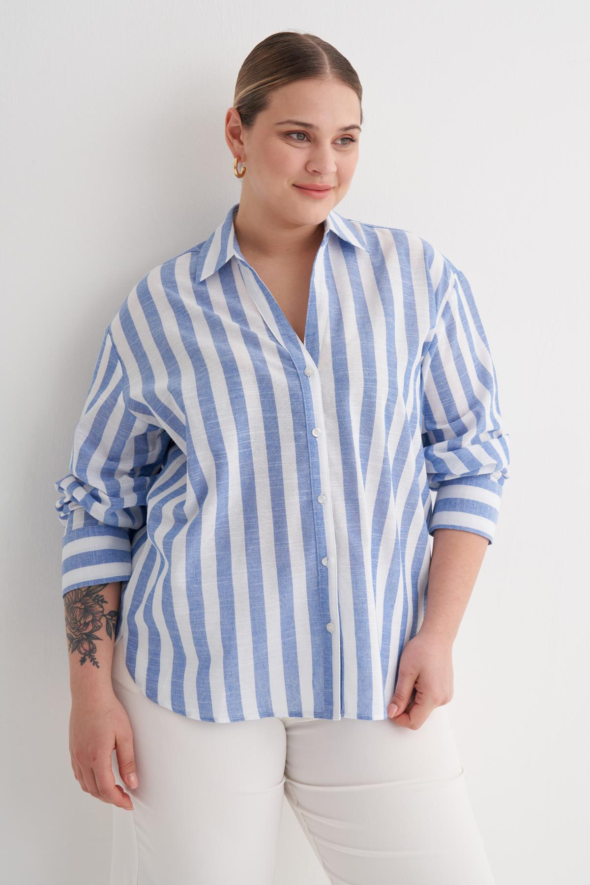 Myline-V Yaka Çizgili Gömlek-Büyük Beden Gömlek-149964