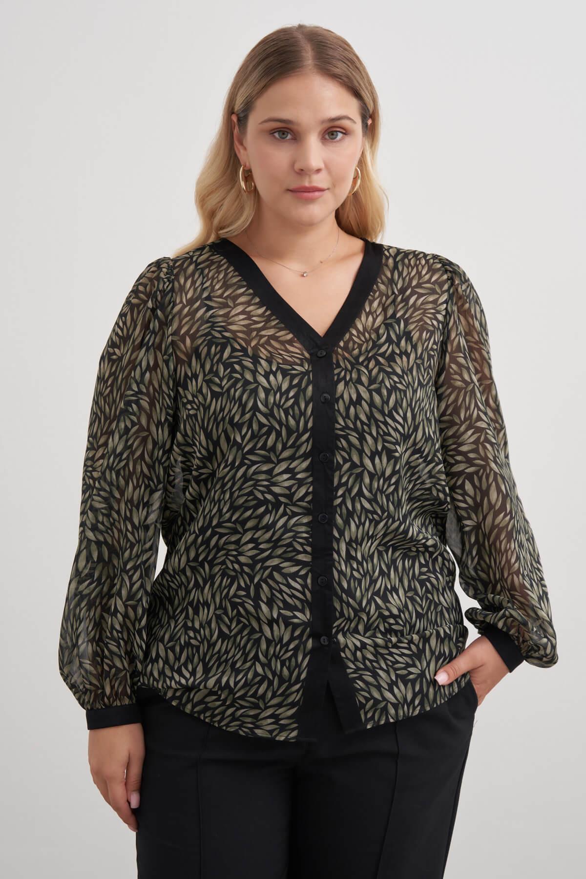 Myline-V Yaka Dökümlü  Şifon Bluz-Büyük Beden Bluz-149542