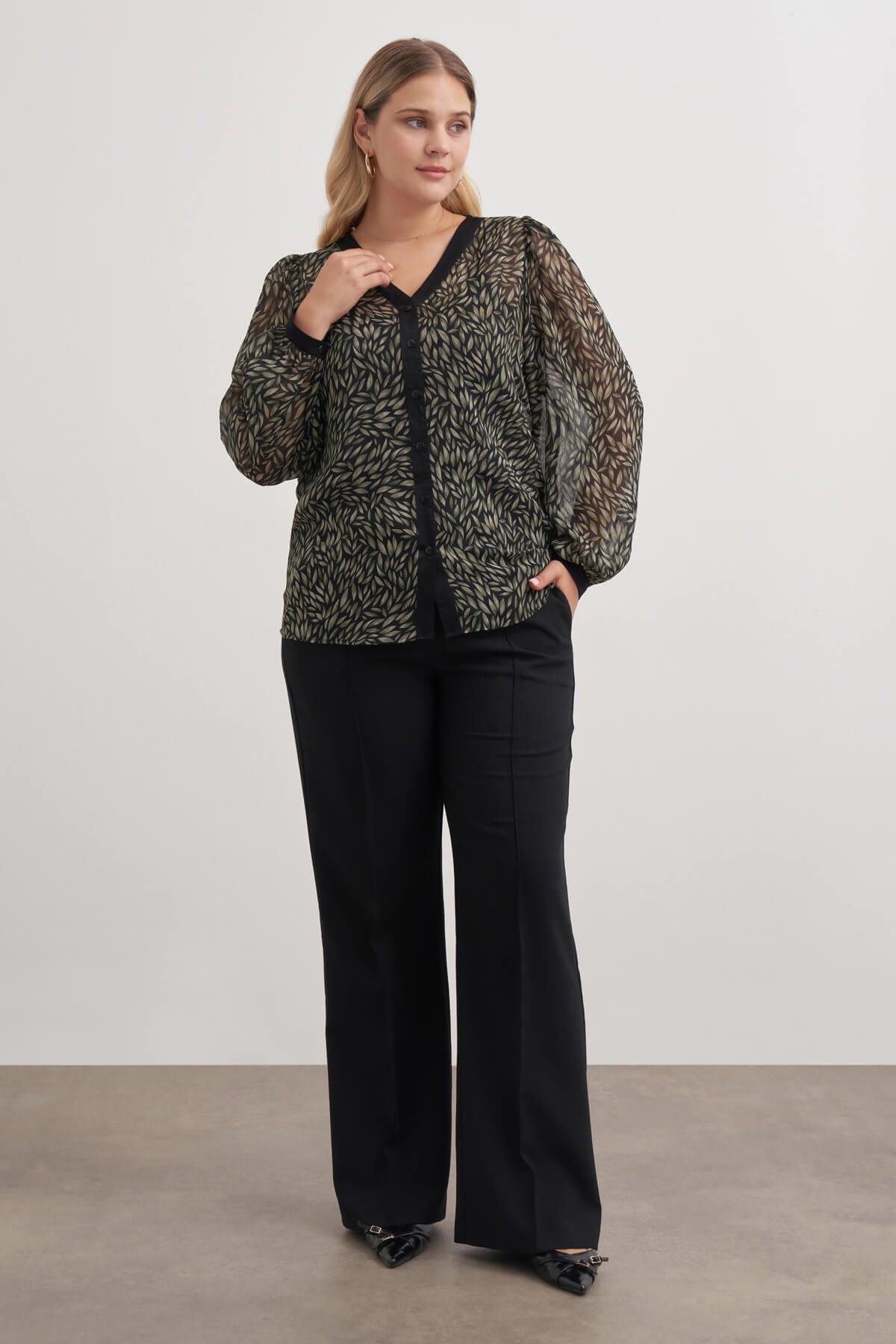 Myline-V Yaka Dökümlü  Şifon Bluz-Büyük Beden Bluz-149542