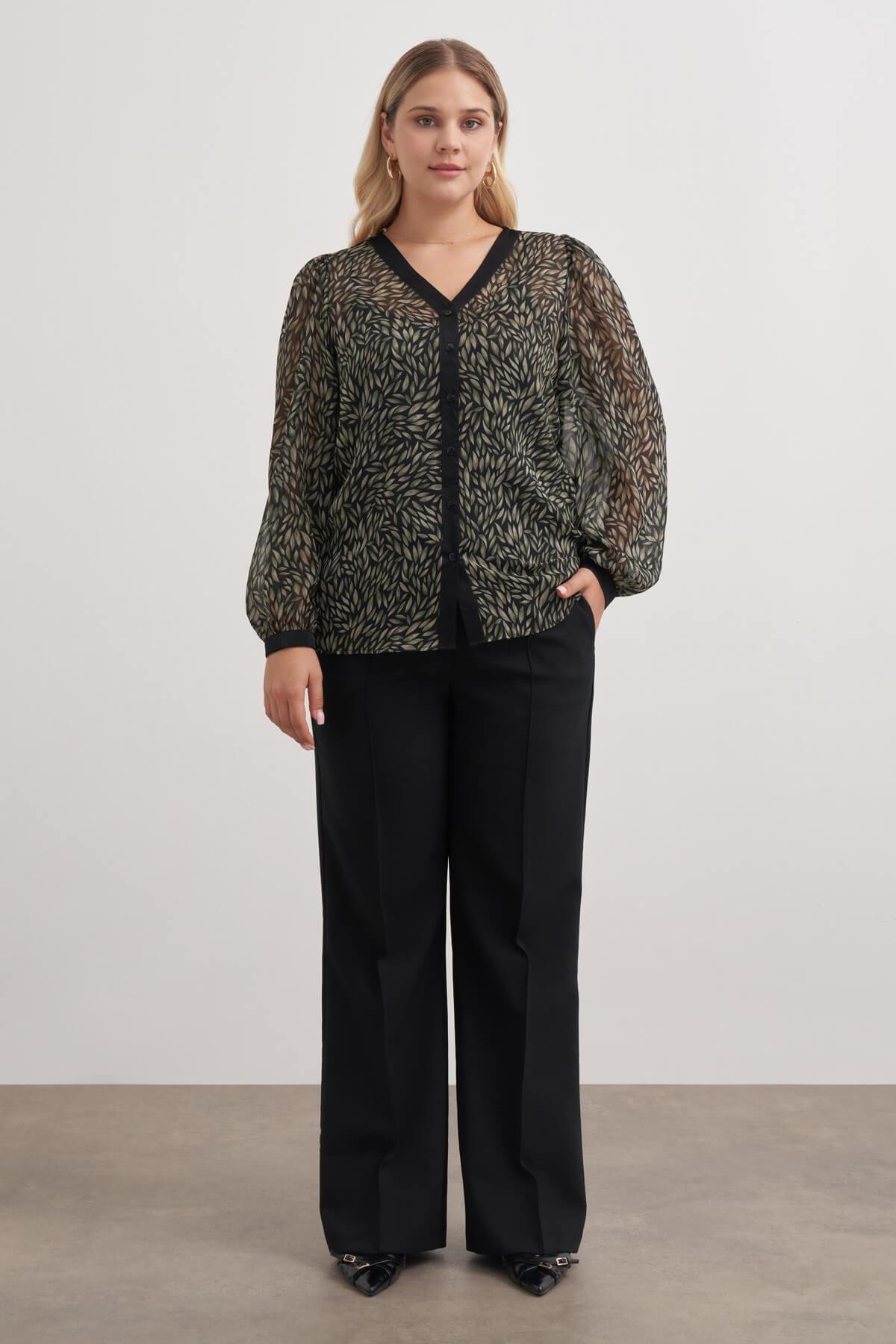 Myline-V Yaka Dökümlü  Şifon Bluz-Büyük Beden Bluz-149542