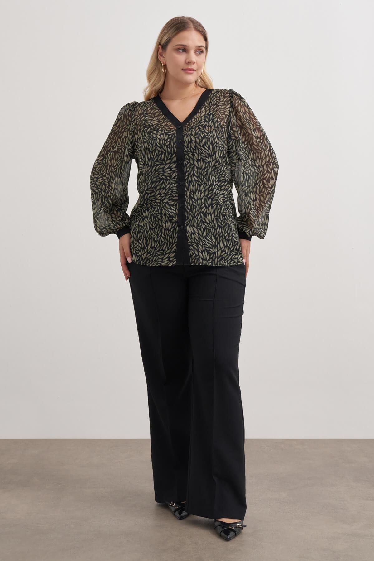 Myline-V Yaka Dökümlü  Şifon Bluz-Büyük Beden Bluz-149542