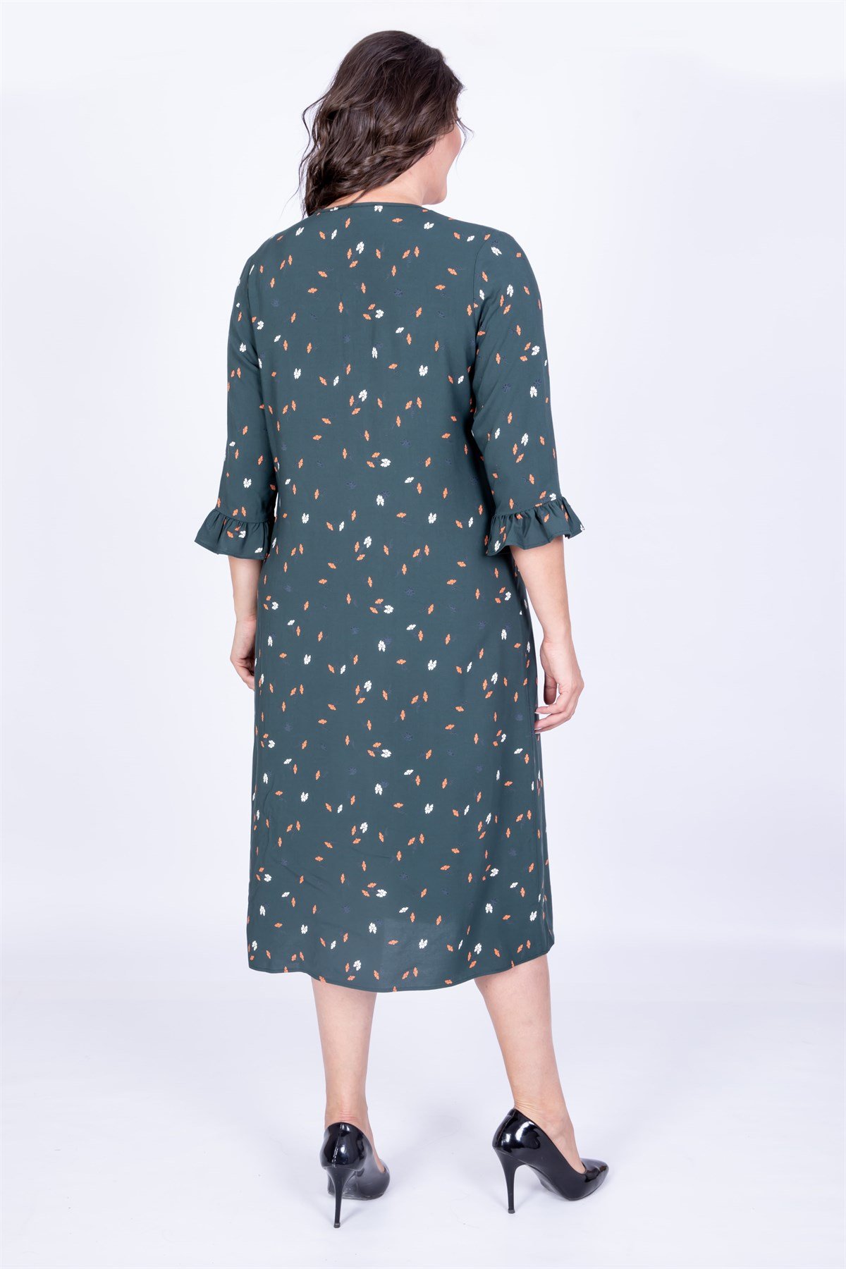 Myline-V Yaka Fırfır Detaylı Elbise-Büyük Beden Günlük Elbiseler-35152