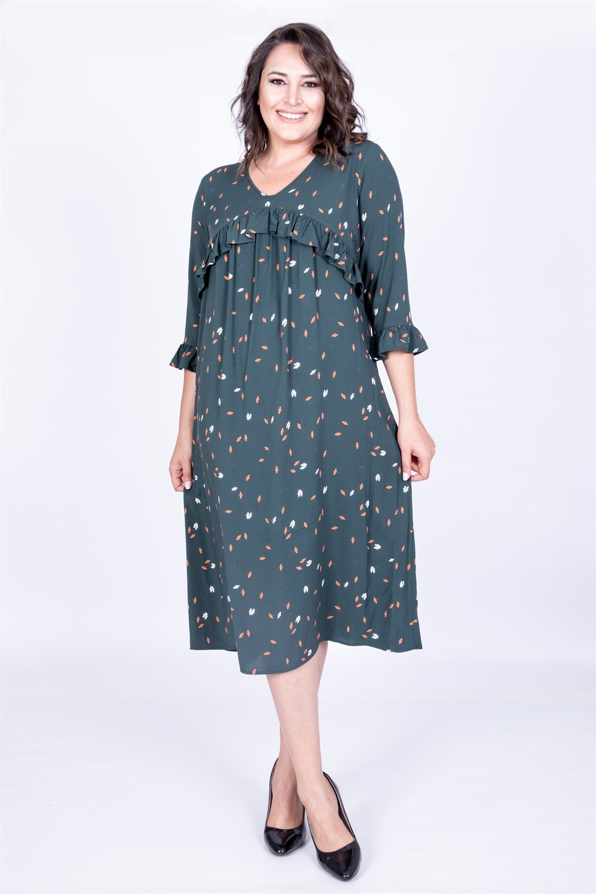 Myline-V Yaka Fırfır Detaylı Elbise-Büyük Beden Günlük Elbiseler-35152