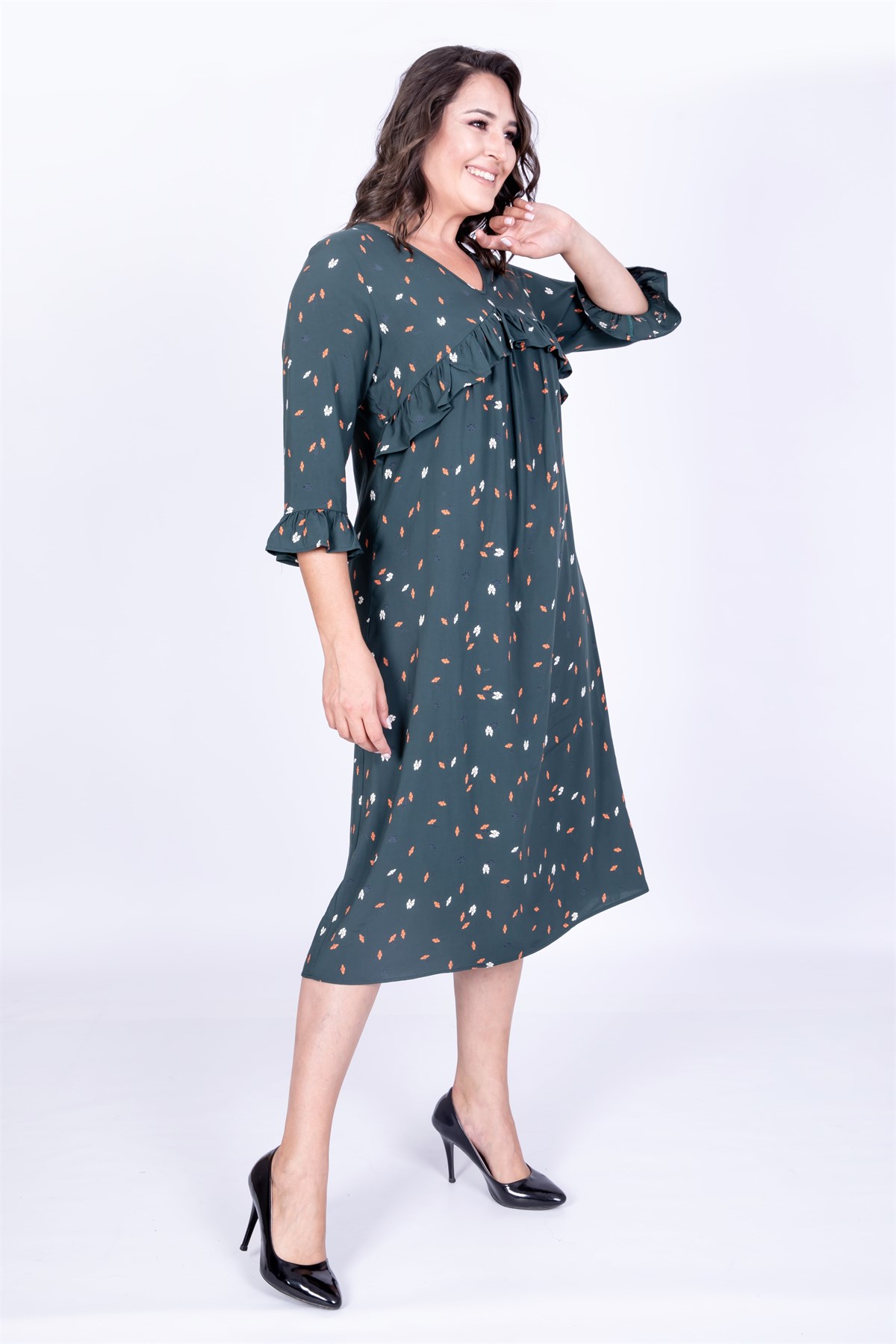 Myline-V Yaka Fırfır Detaylı Elbise-Büyük Beden Günlük Elbiseler-35152