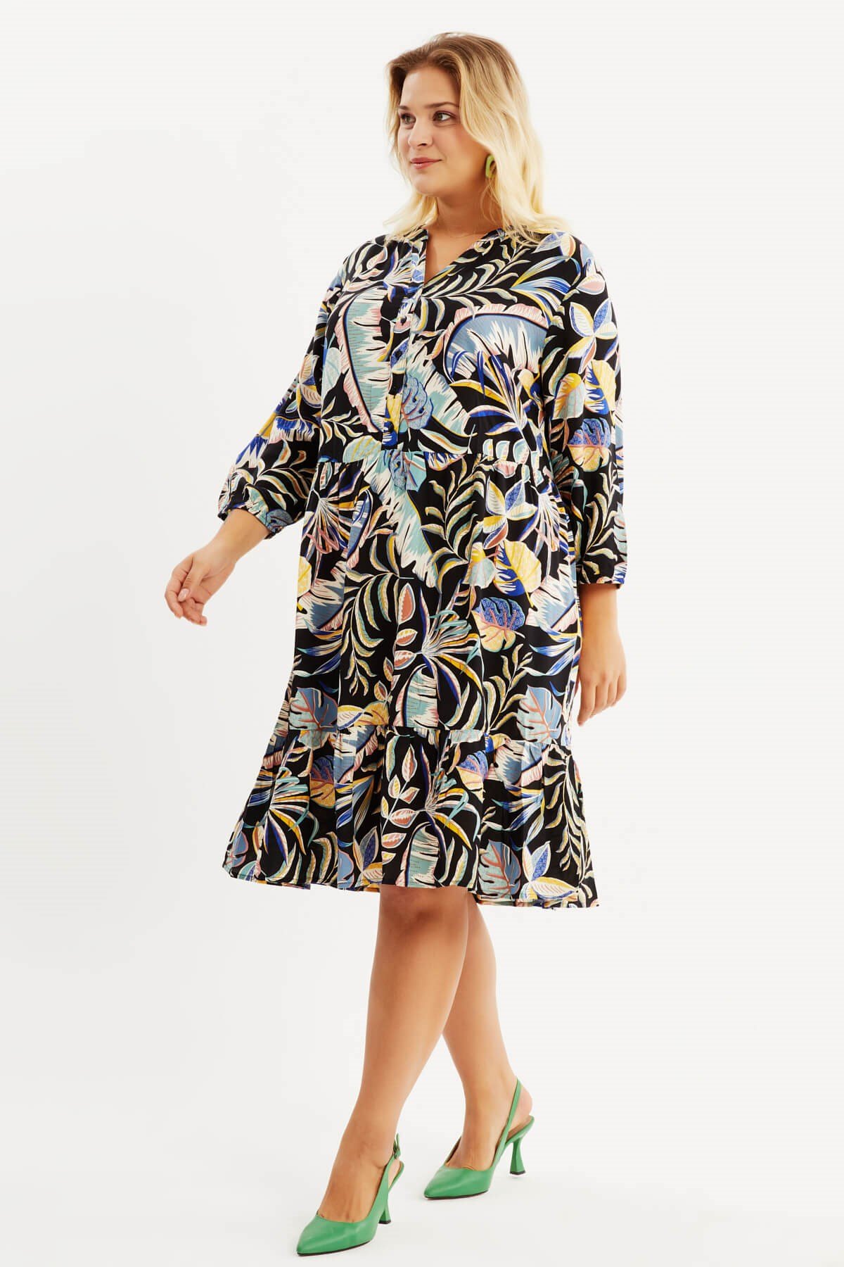 Myline-V Yaka Fırfırlı Elbise-Büyük Beden Günlük Elbiseler-67002