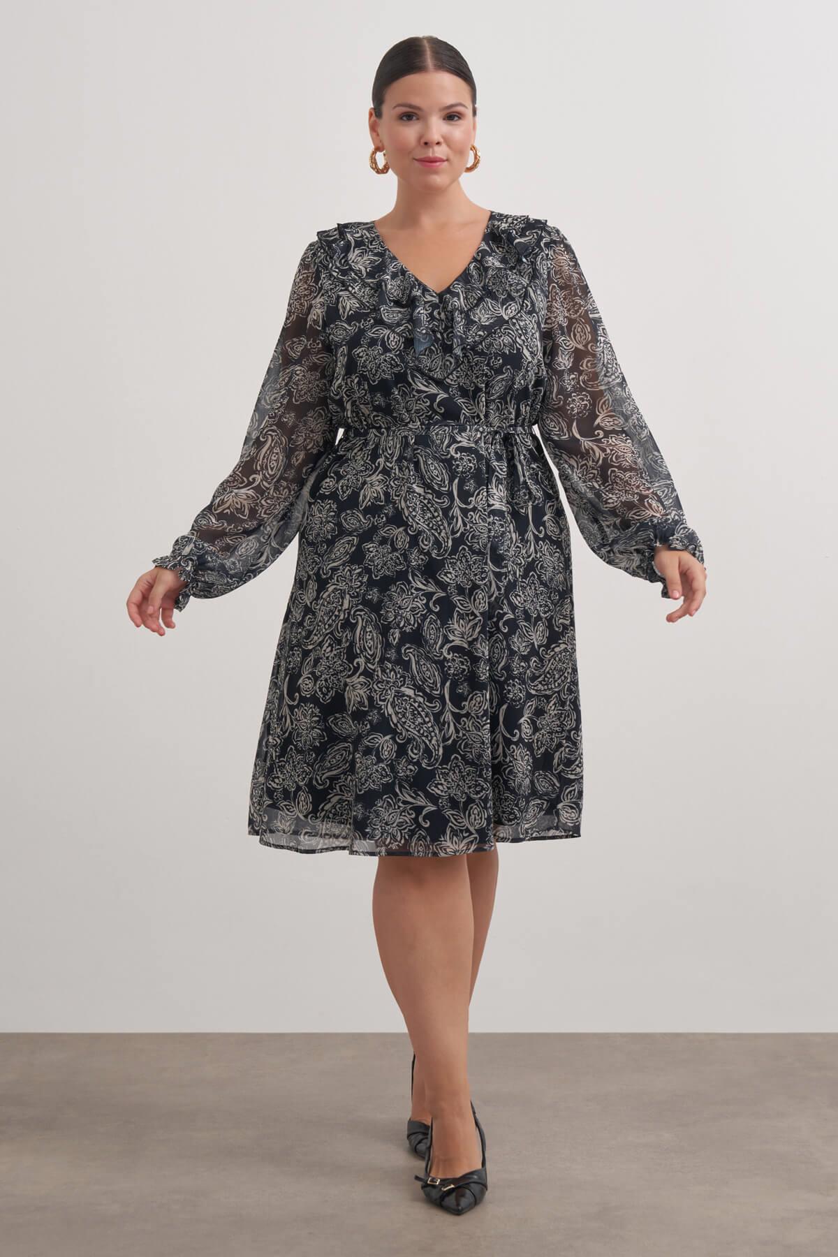 Myline-V Yaka Fırfırlı Kuşaklı Elbise-Büyük Beden Günlük Elbiseler-149473