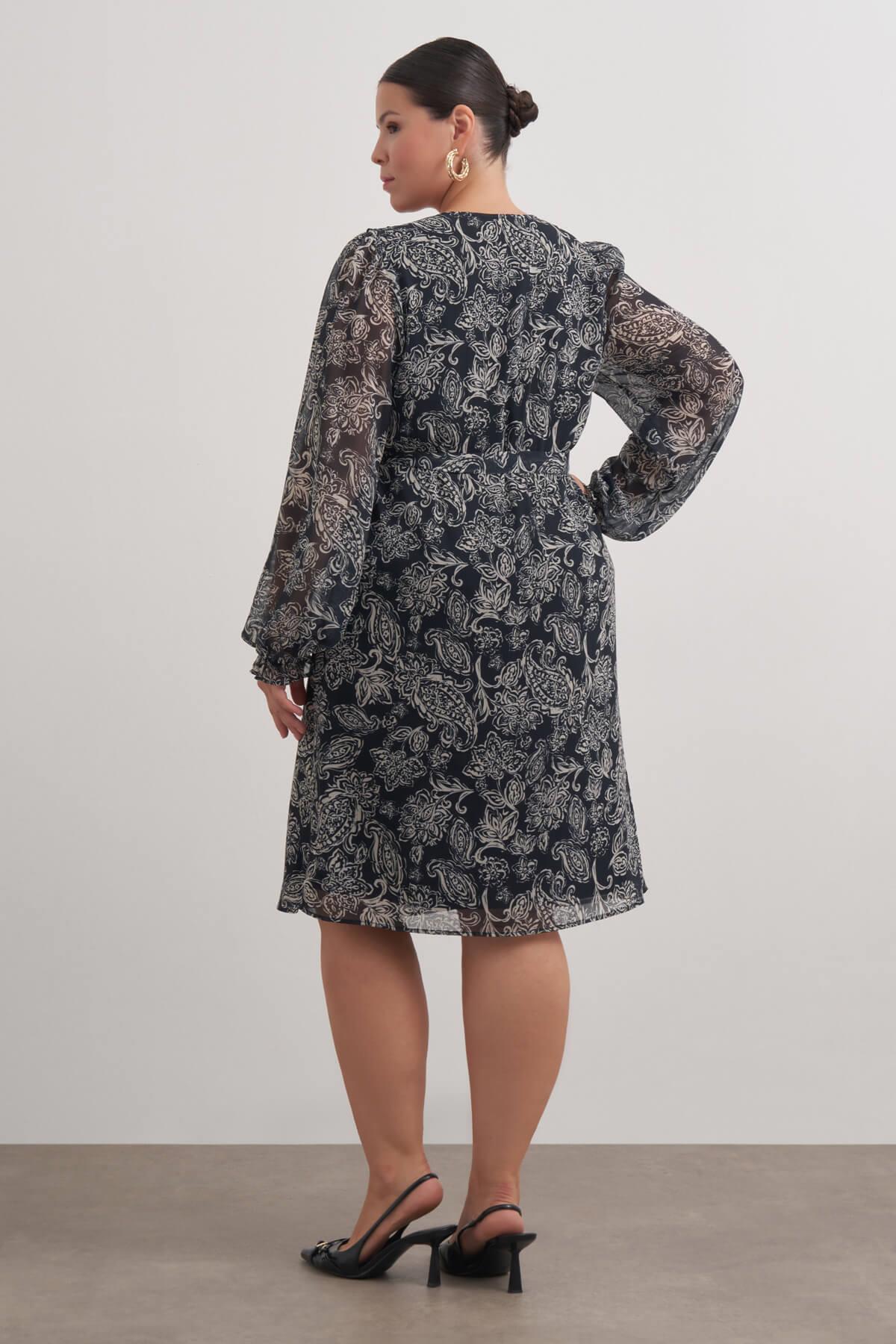 Myline-V Yaka Fırfırlı Kuşaklı Elbise-Büyük Beden Günlük Elbiseler-149473