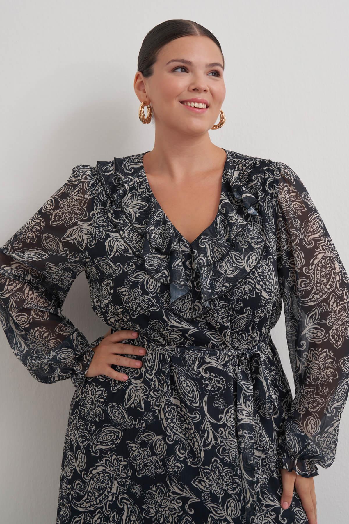 Myline-V Yaka Fırfırlı Kuşaklı Elbise-Büyük Beden Günlük Elbiseler-149473