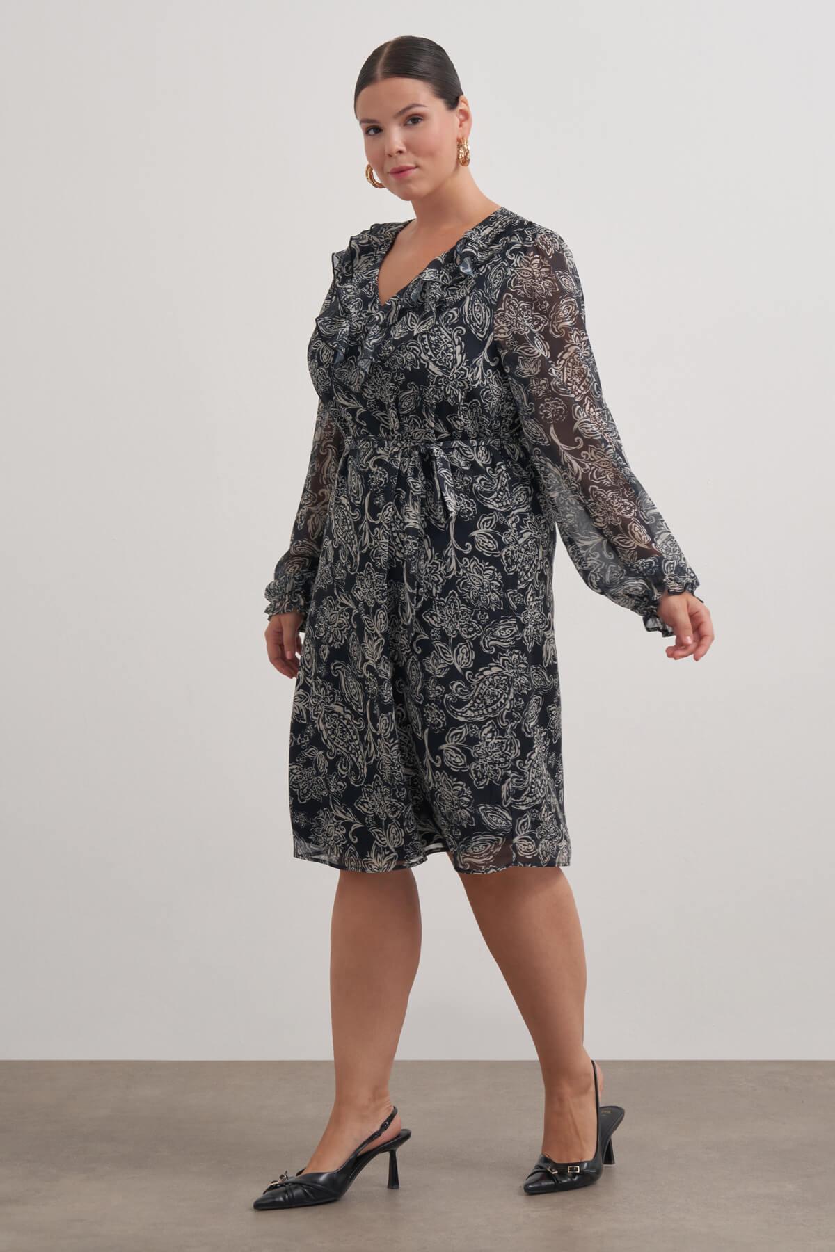 Myline-V Yaka Fırfırlı Kuşaklı Elbise-Büyük Beden Günlük Elbiseler-149473