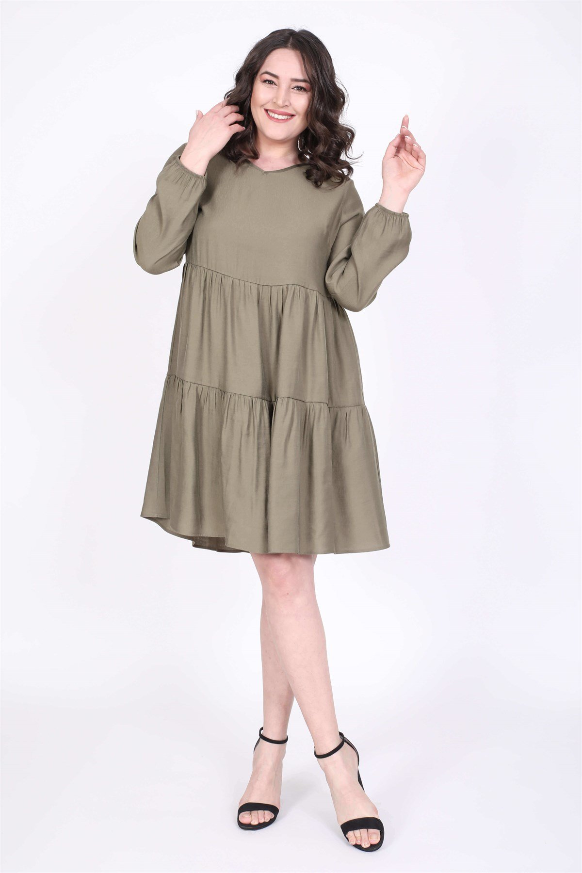 Myline-V Yaka Katlı Elbise-Büyük Beden Günlük Elbiseler-35260