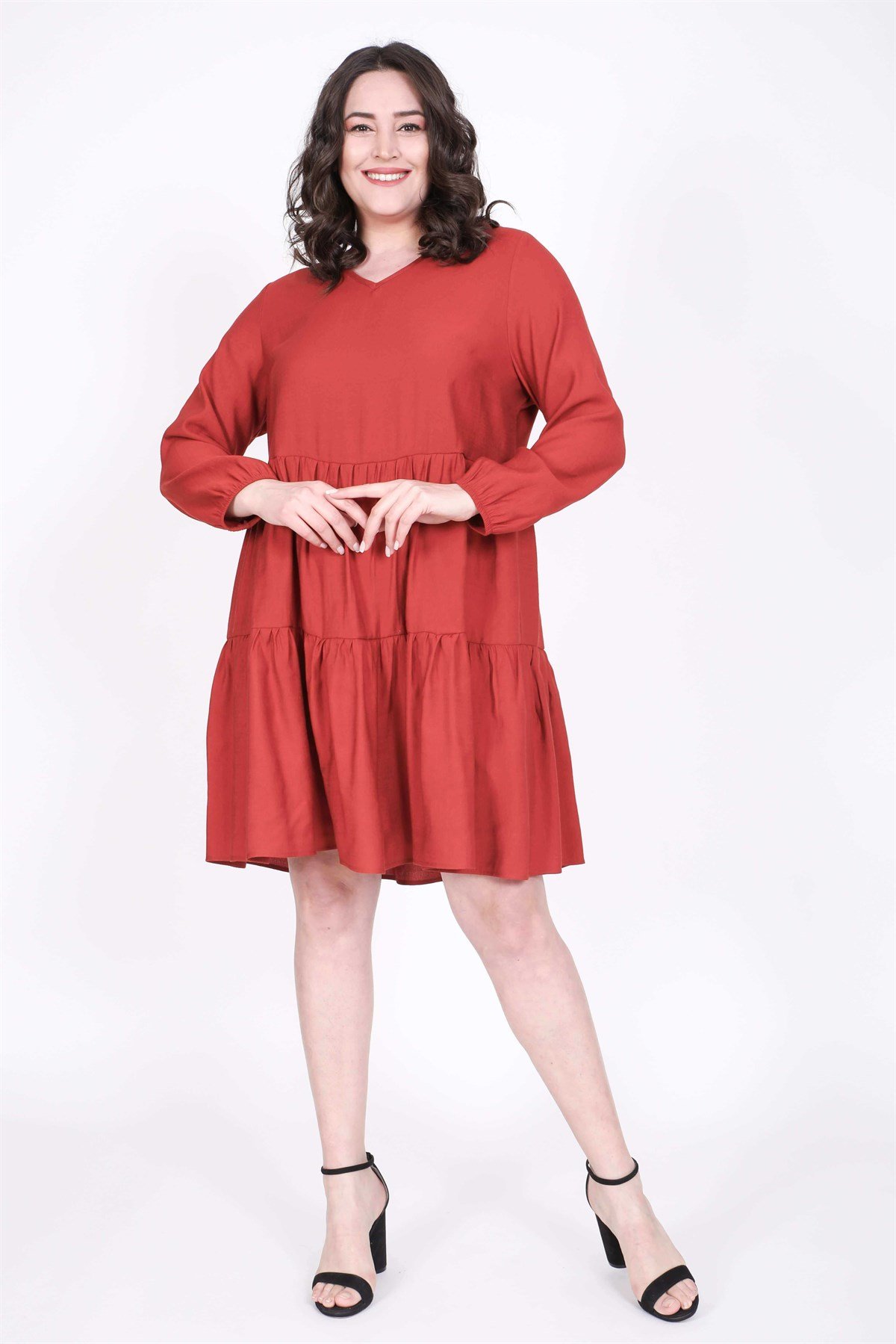 Myline-V Yaka Katlı Elbise-Büyük Beden Günlük Elbiseler-45367