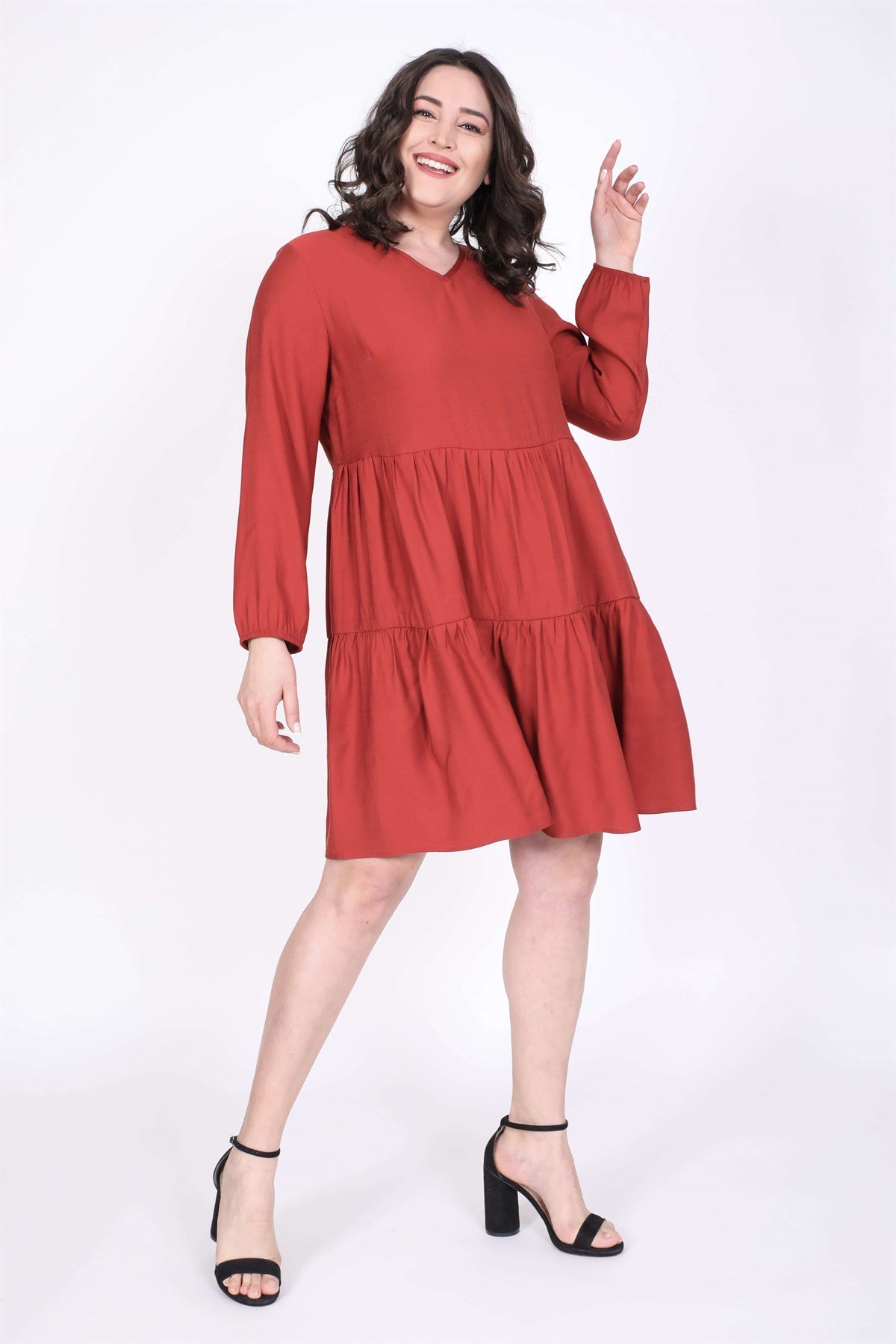 Myline-V Yaka Katlı Elbise-Büyük Beden Günlük Elbiseler-45367