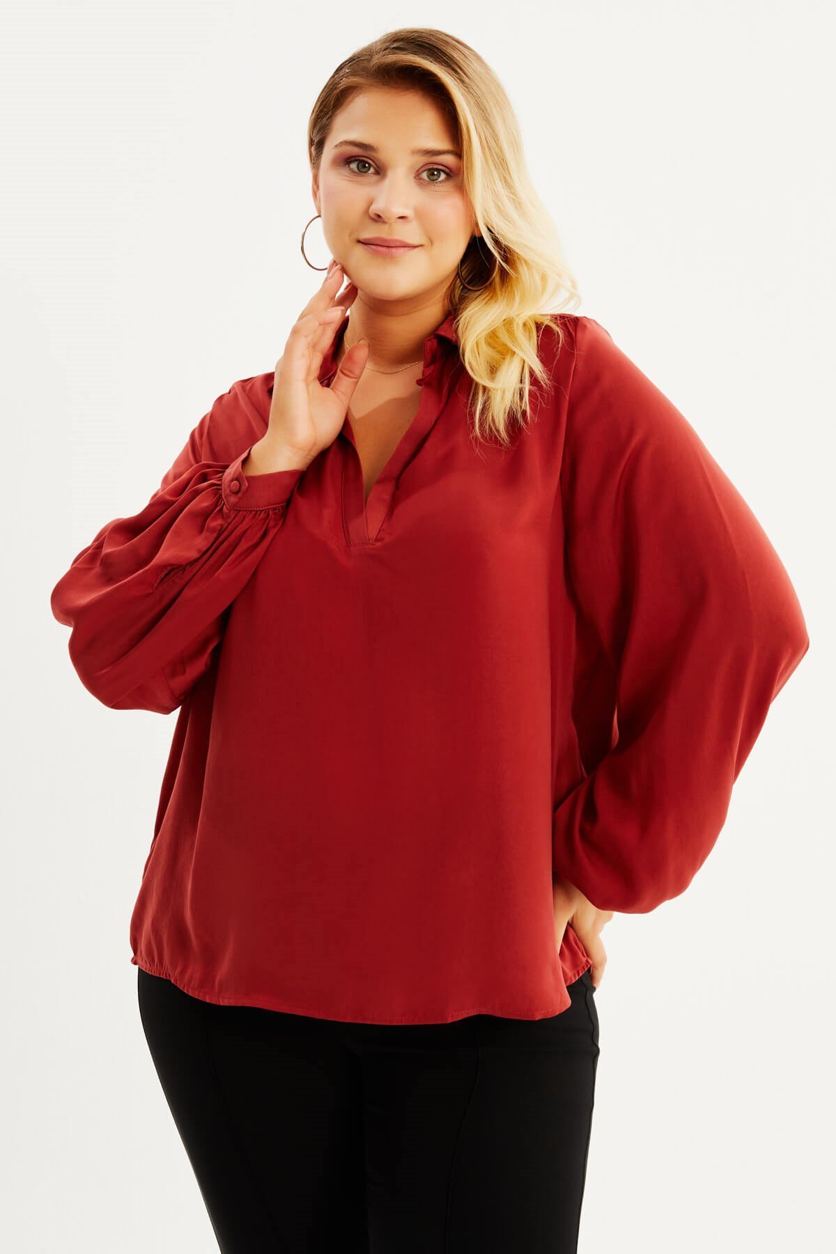 Myline-V Yaka Kolları Büzgülü Bluz -Büyük Beden Bluz-87907