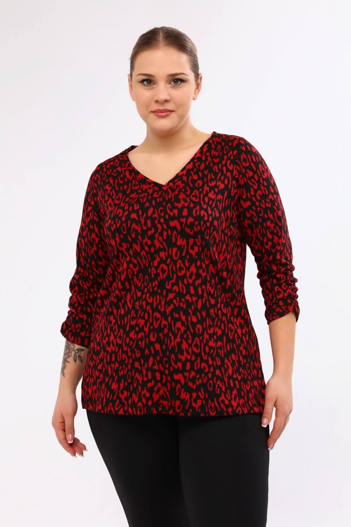 Myline-V Yaka Kolları Büzgülü Triko Bluz-Büyük Beden Bluz-45898