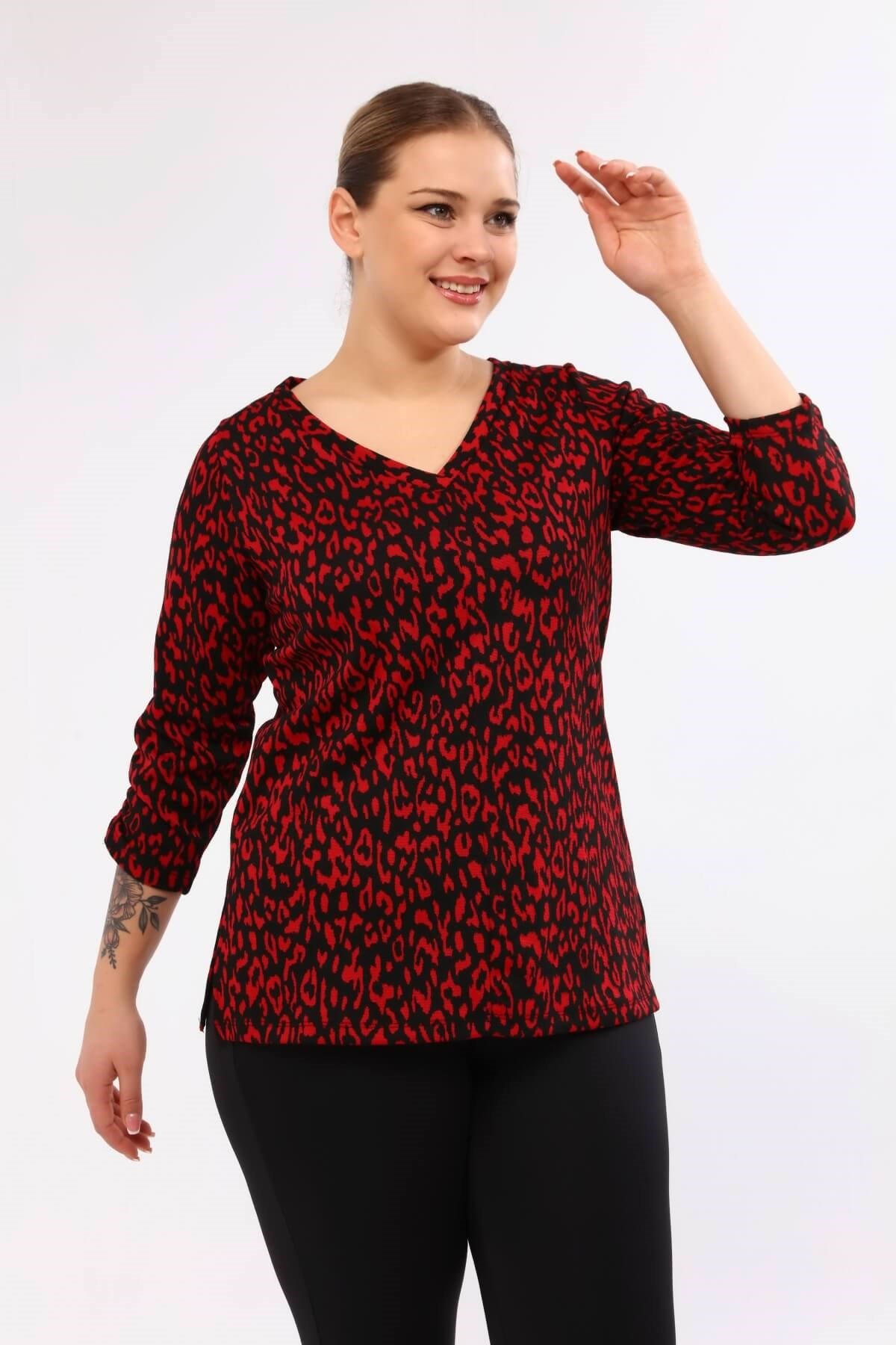 Myline-V Yaka Kolları Büzgülü Triko Bluz-Büyük Beden Bluz-45898