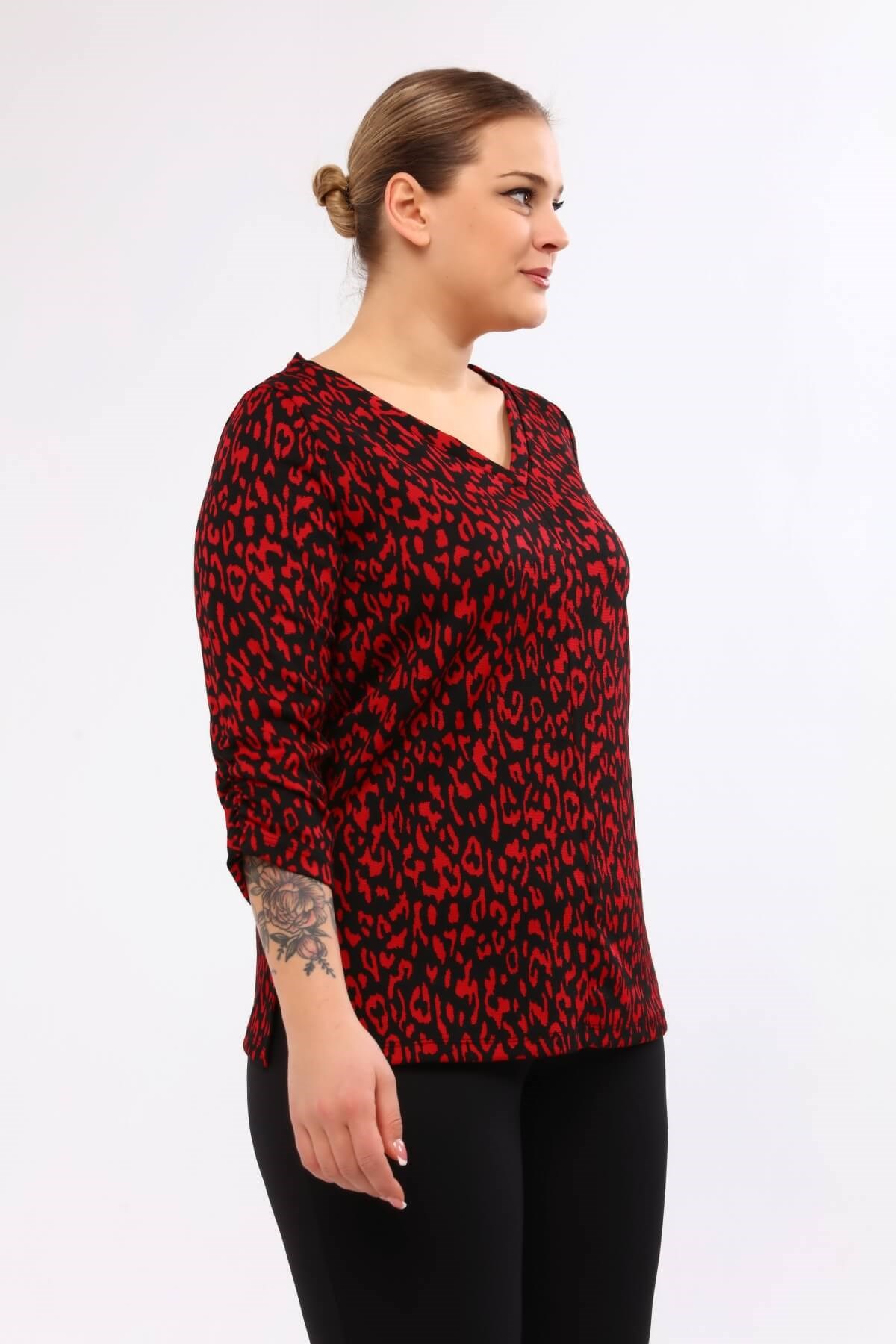 Myline-V Yaka Kolları Büzgülü Triko Bluz-Büyük Beden Bluz-45898