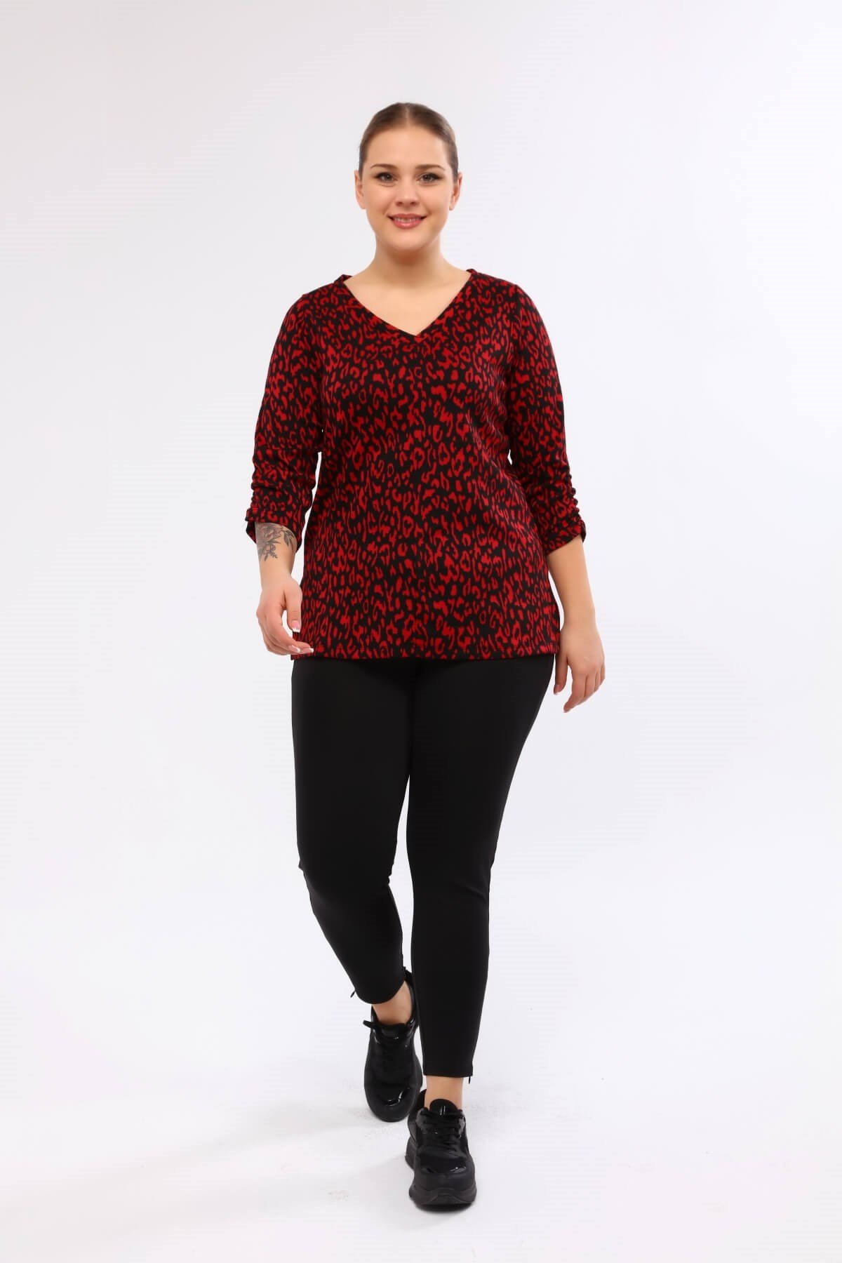 Myline-V Yaka Kolları Büzgülü Triko Bluz-Büyük Beden Bluz-45898