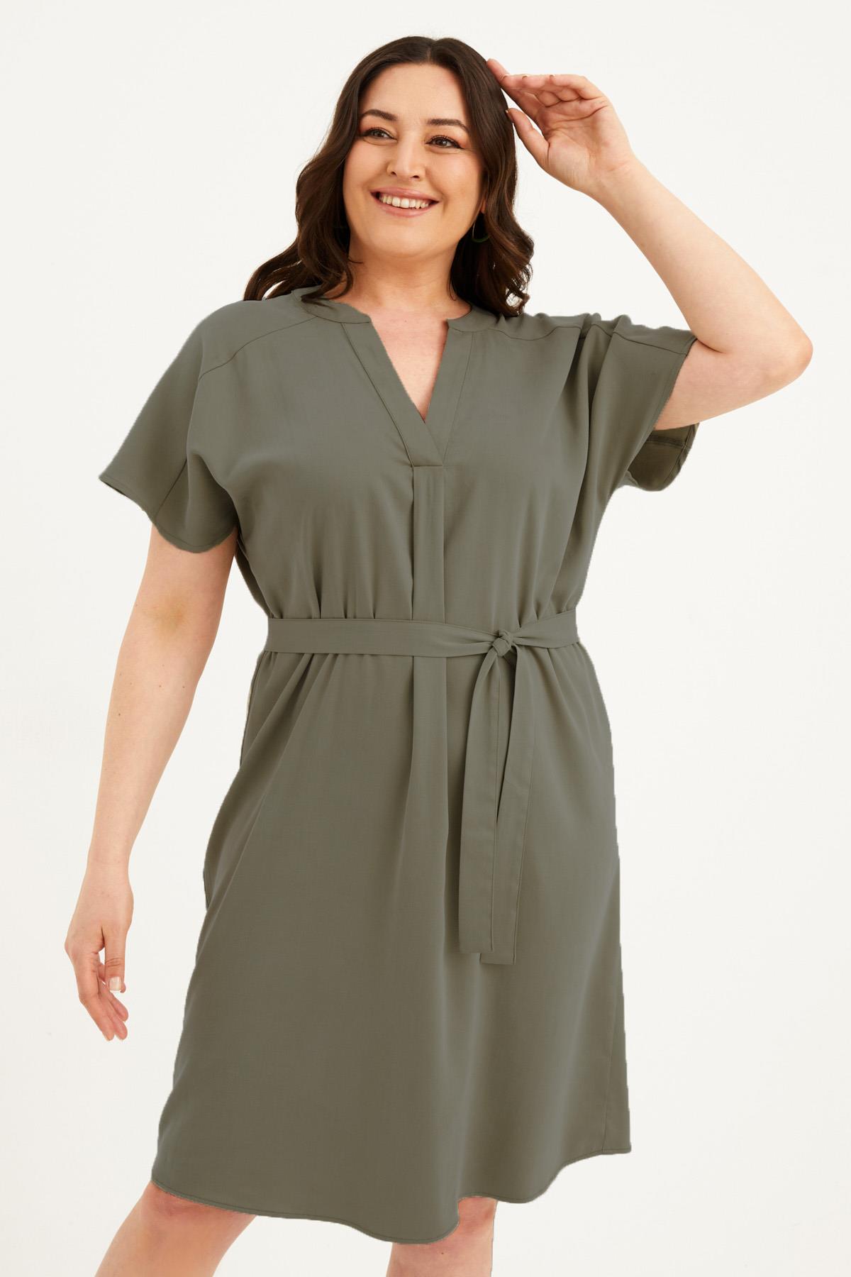 Myline-V Yaka Kuşaklı Elbise-Büyük Beden Günlük Elbiseler-77604