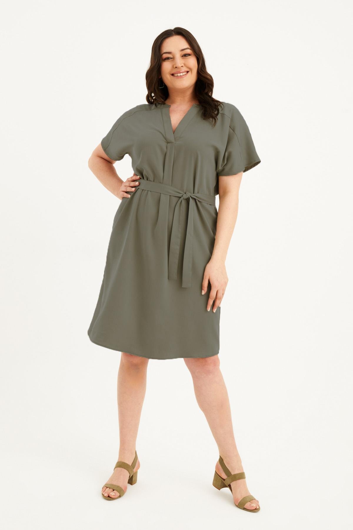 Myline-V Yaka Kuşaklı Elbise-Büyük Beden Günlük Elbiseler-77604