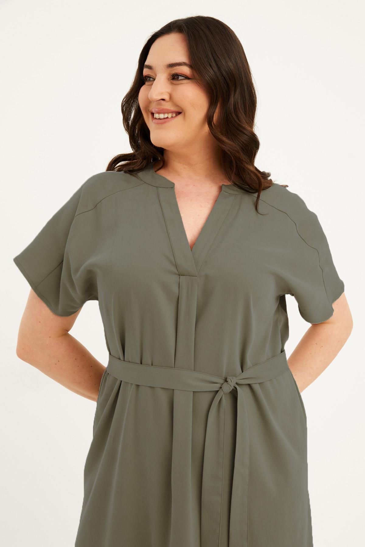 Myline-V Yaka Kuşaklı Elbise-Büyük Beden Günlük Elbiseler-77604