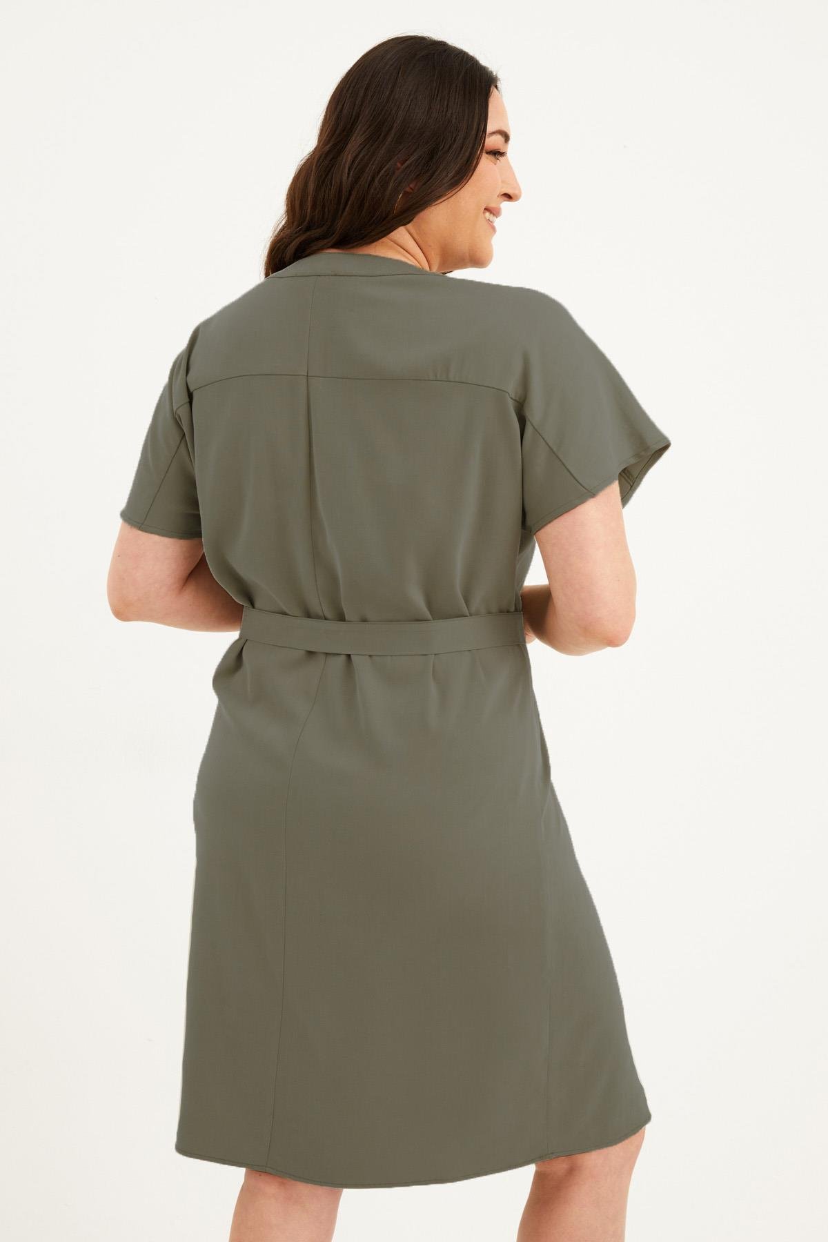 Myline-V Yaka Kuşaklı Elbise-Büyük Beden Günlük Elbiseler-77604