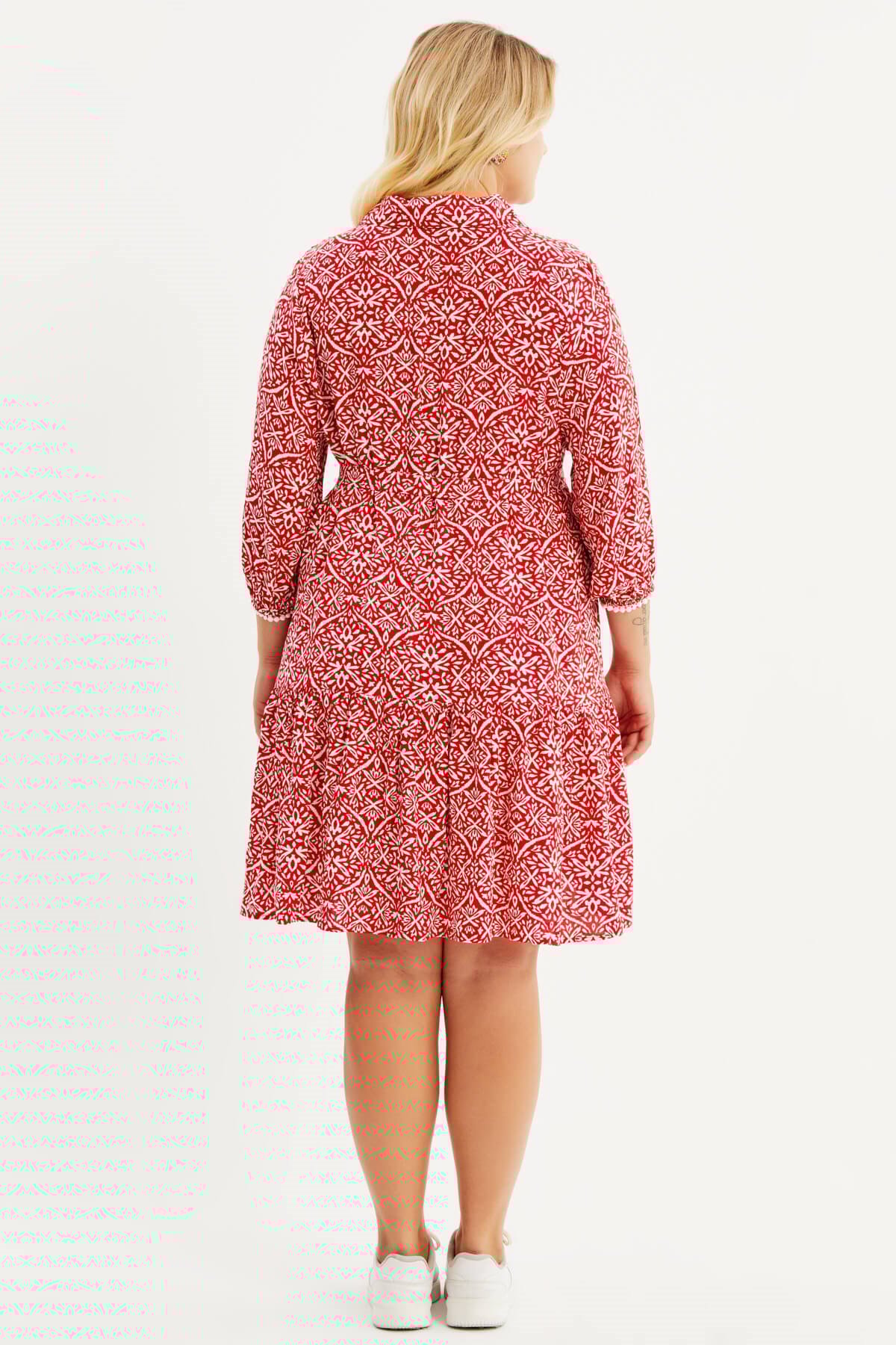 Myline-V Yaka Kuşaklı Gömlek Elbise-Büyük Beden Günlük Elbiseler-77826