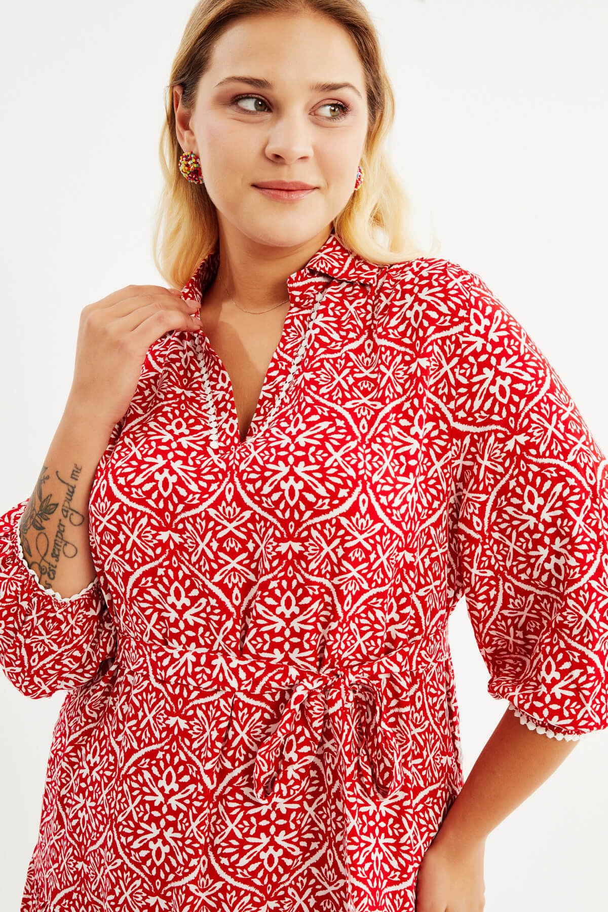 Myline-V Yaka Kuşaklı Gömlek Elbise-Büyük Beden Günlük Elbiseler-77826