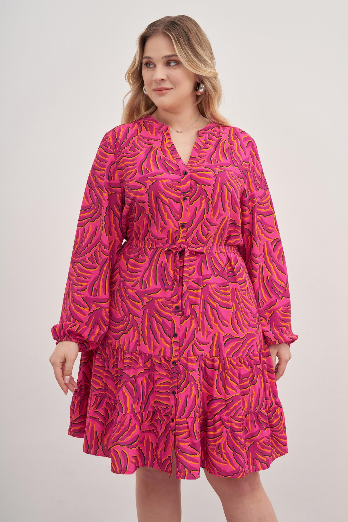 Myline-V Yaka Kuşaklı Önden Düğmeli Elbise-Büyük Beden Günlük Elbiseler-128953