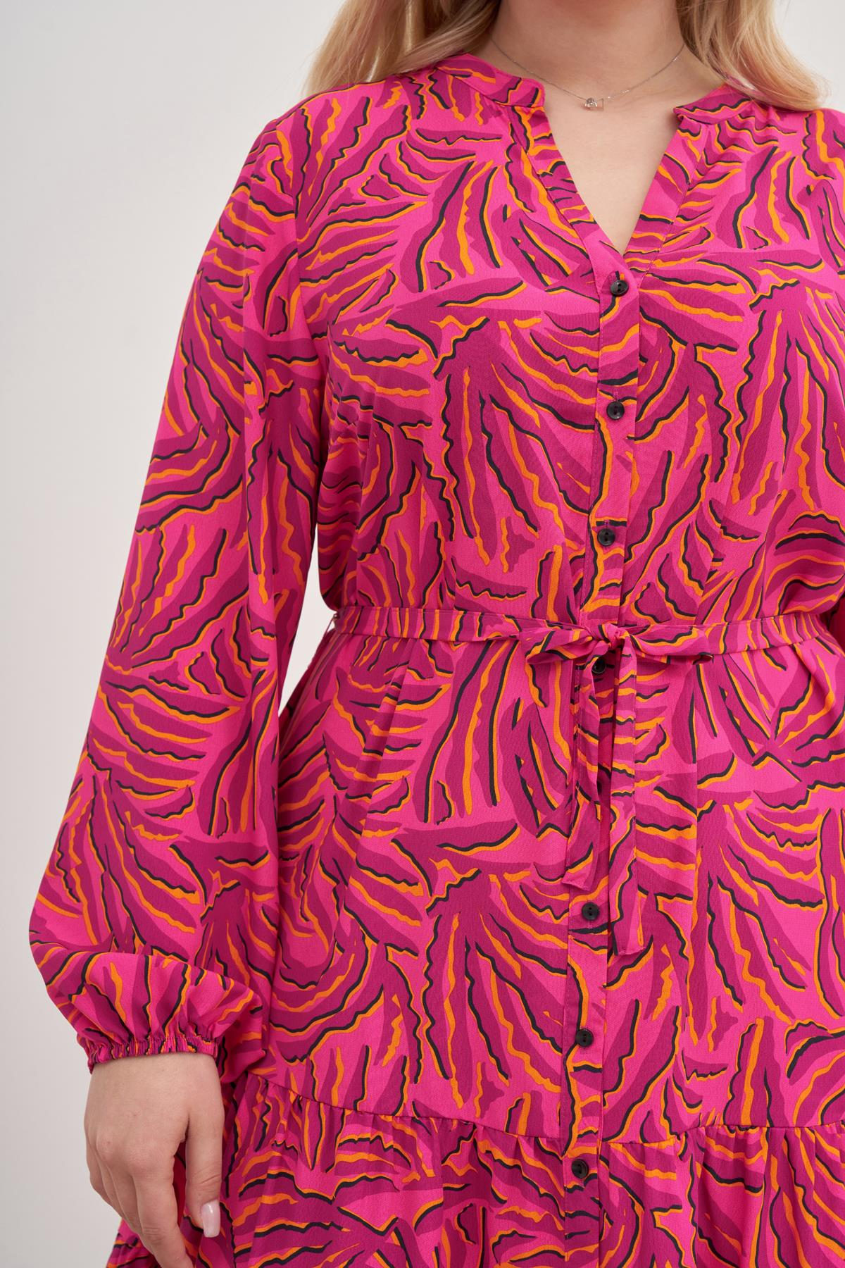 Myline-V Yaka Kuşaklı Önden Düğmeli Elbise-Büyük Beden Günlük Elbiseler-128953