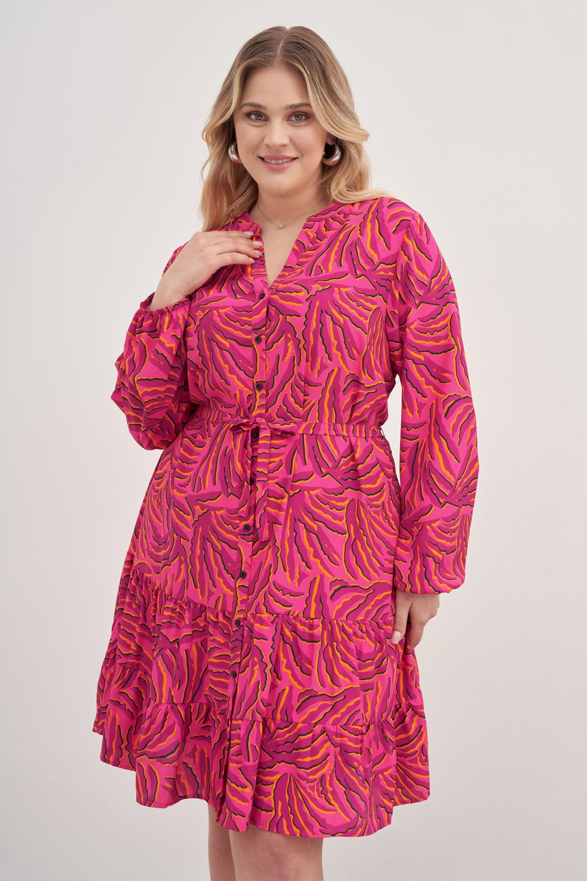 Myline-V Yaka Kuşaklı Önden Düğmeli Elbise-Büyük Beden Günlük Elbiseler-128953