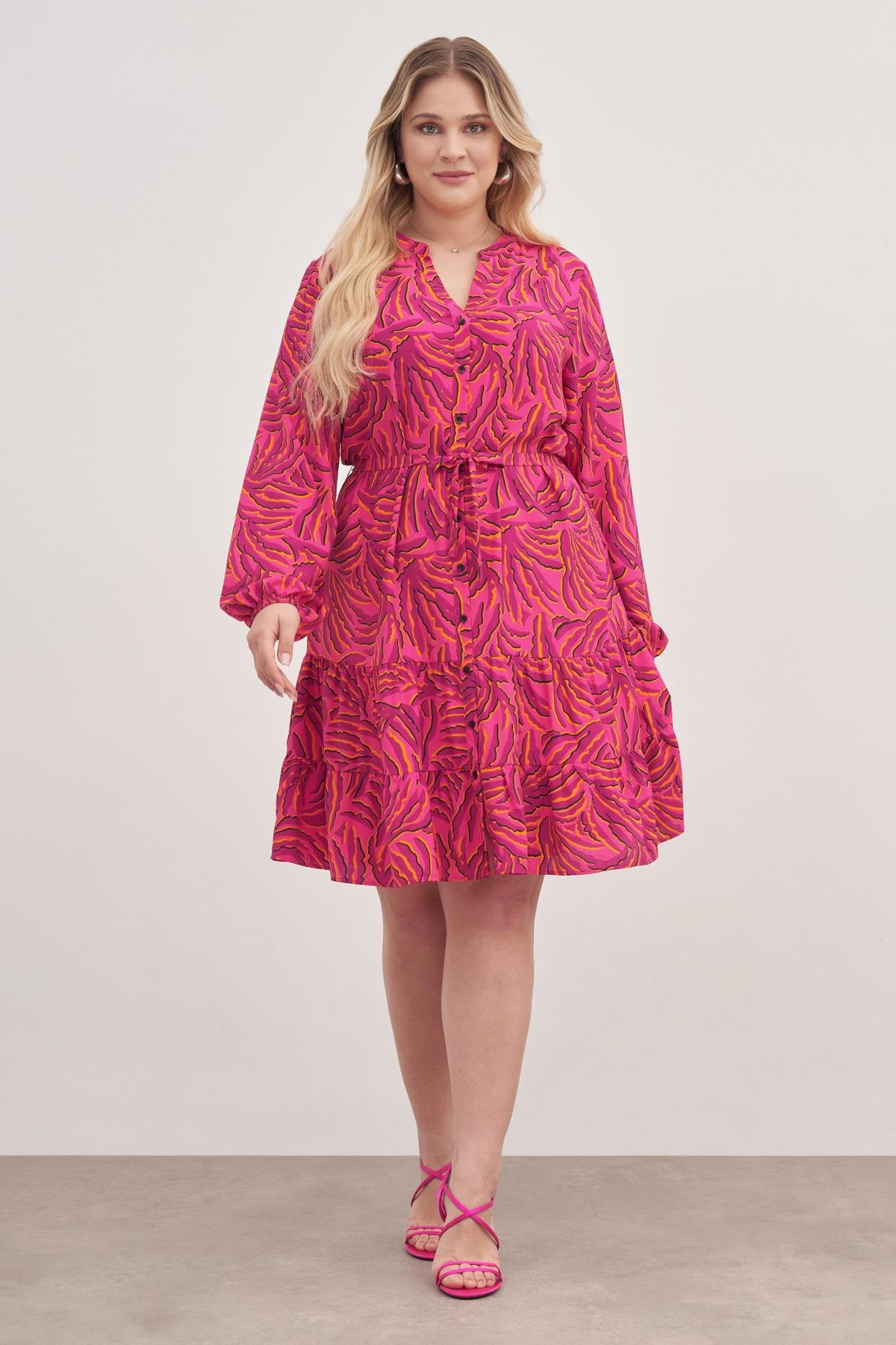 Myline-V Yaka Kuşaklı Önden Düğmeli Elbise-Büyük Beden Günlük Elbiseler-128953